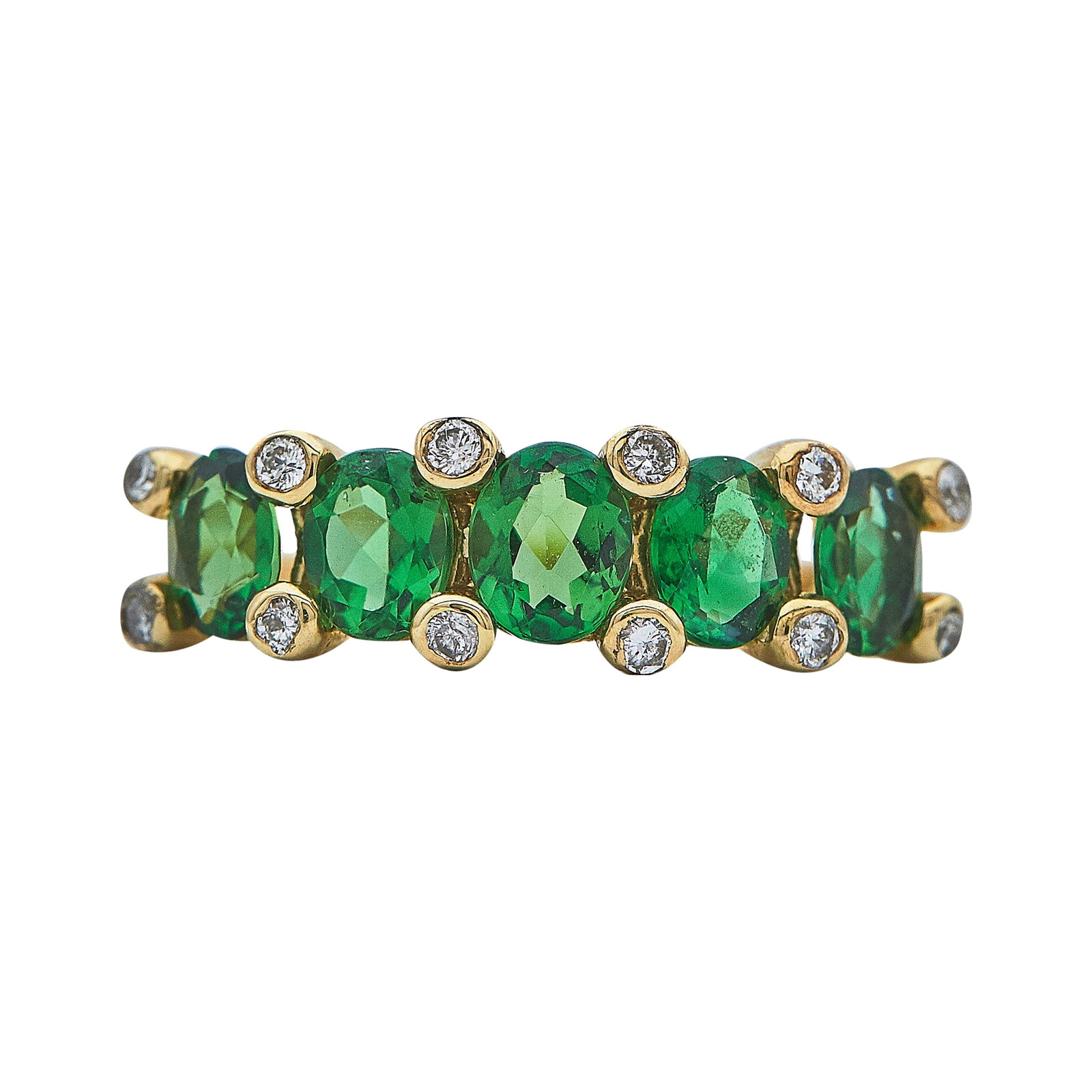 18K Yellow Gold Tsavorite and Diamond Ring: METAL: 18K Yellow Gold; APPROXIMATE TOTAL DIAMOND WEIGHT: 0.18 ctw; GEMSTONES: Tsavorite; STAMPED: CR, 750, English Hallmarks; CONDITION: Pre-owned, Very Good; ITEM WEIGHT (GRAMS): 3.4 g; MEASUREMENTS