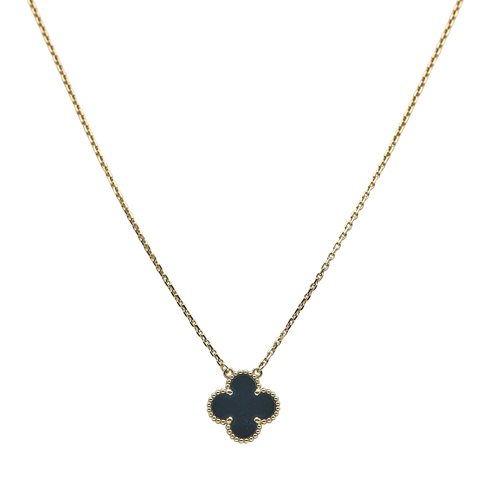 Van Cleef & Arpels Vintage Alhambra 18K Yellow Gold and Onyx Pendant Necklace: BRAND: VCA; COLLECTION: Alhambra (Vintage); METAL: 18K Yellow Gold; GEMSTONES: Onyx; STAMPED: VCA, Au750, serial number, Maker's Mark; CONDITION: Pre-owned, Very Good; ITEM WEIGHT (GRAMS): 5.7 g; MEAS