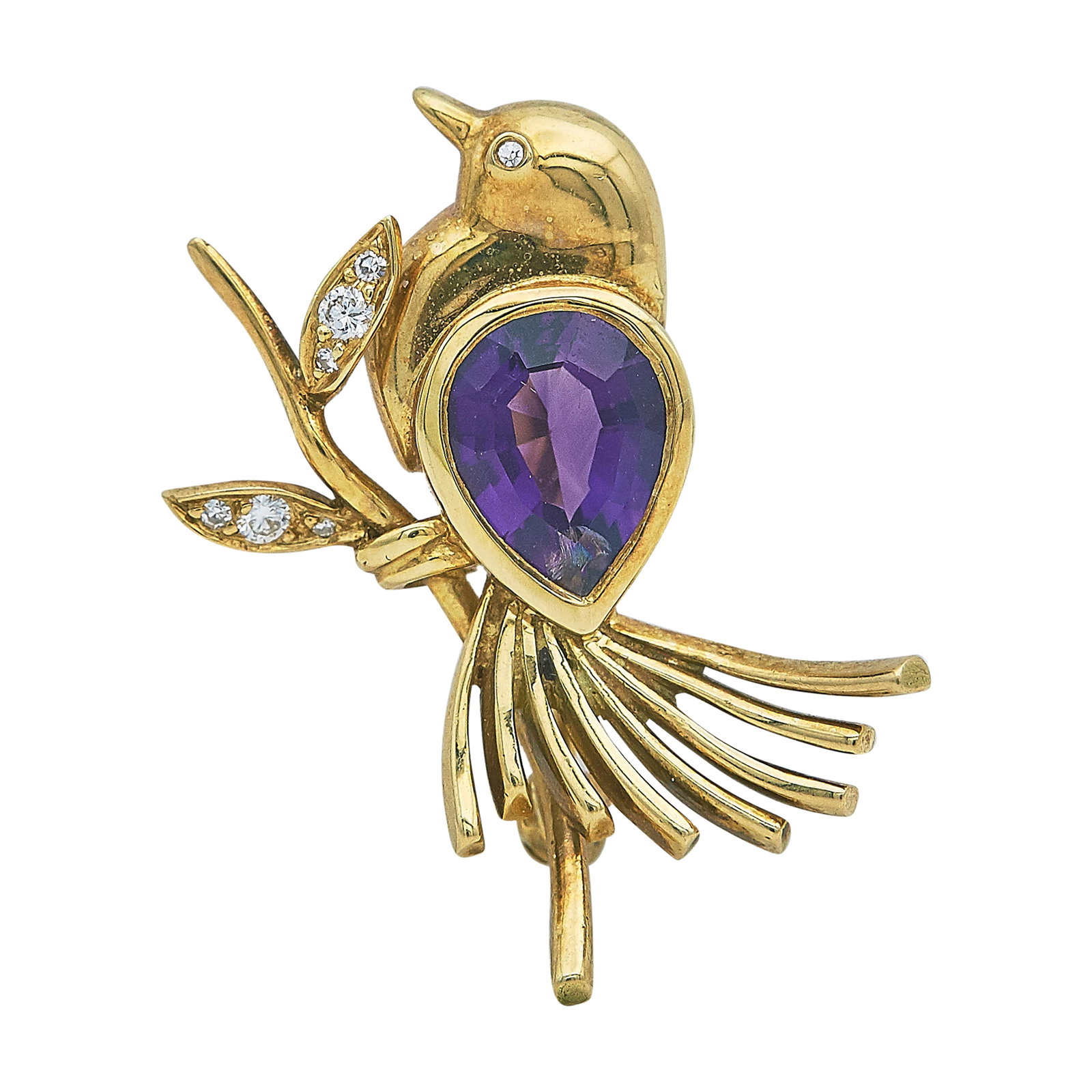 Tiffany & Co. 18K Yellow Gold Amethyst and Diamond Bird Pin Brooch (1 of 3)