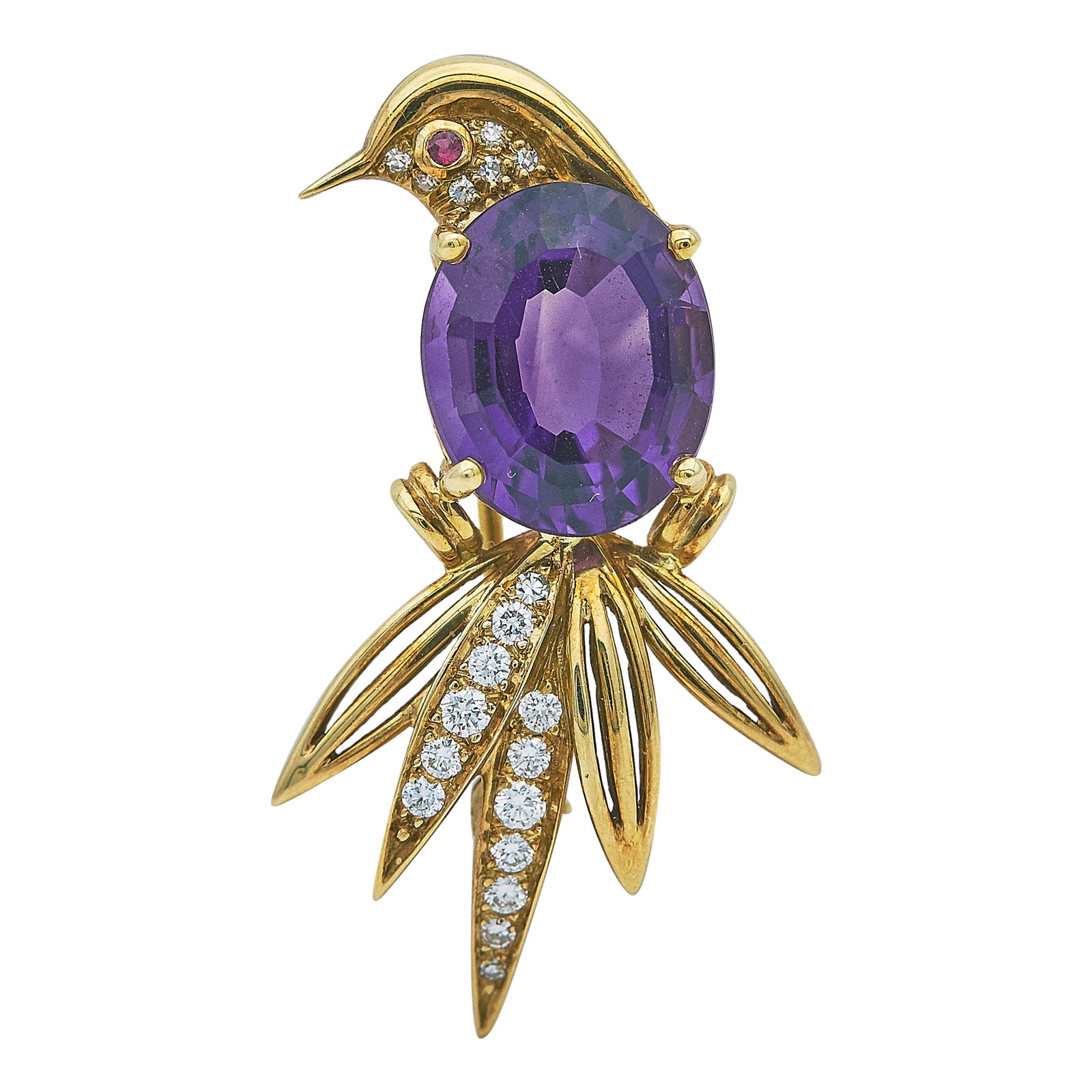 Tiffany & Co. 18K Yellow Gold Amethyst, Diamond, and Ruby Bird Pin Brooch (1 of 4)
