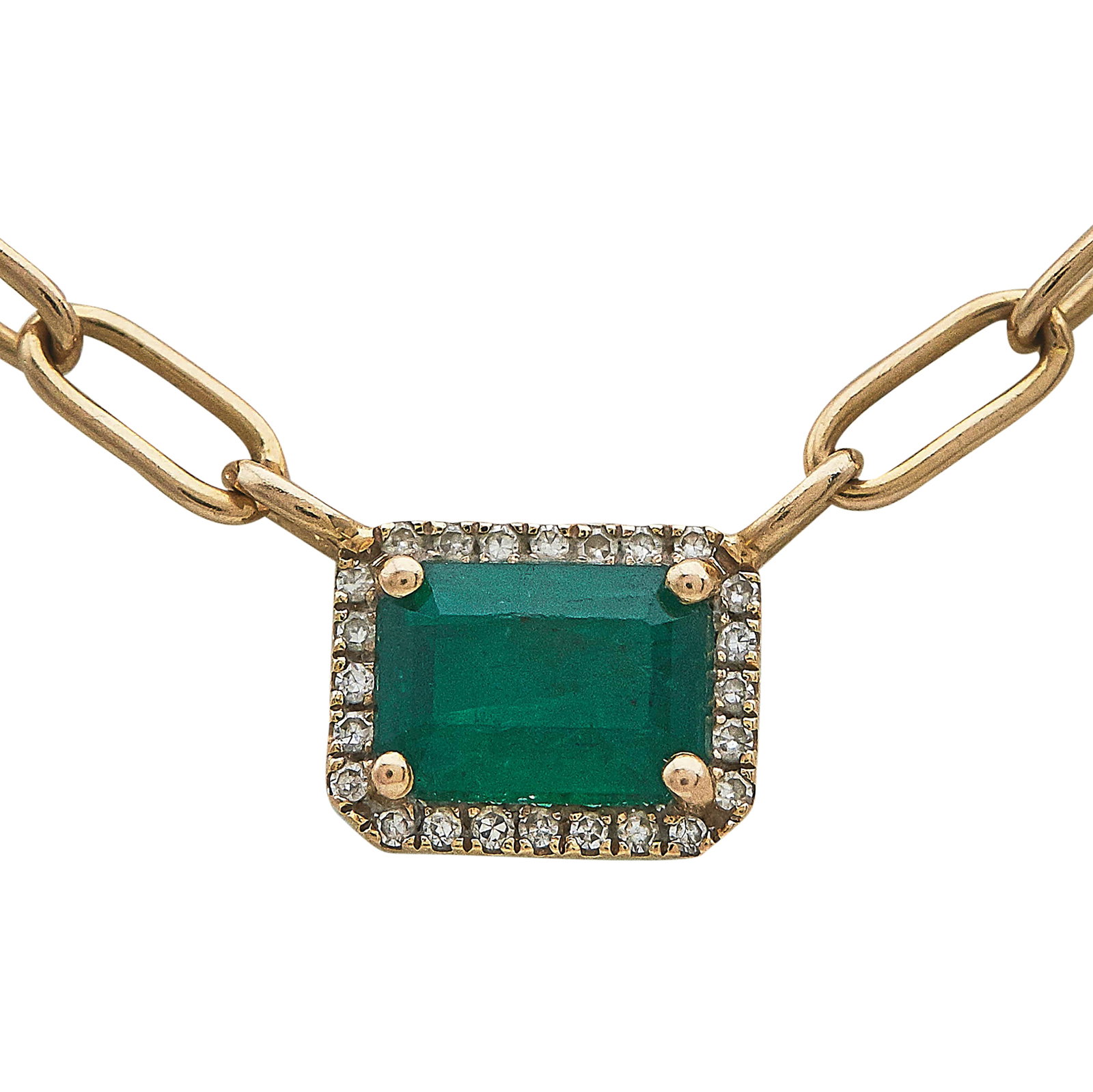 14K Rose Gold Emerald and Diamond Pendant Necklace: METAL: 14K Rose Gold; APPROXIMATE TOTAL DIAMOND WEIGHT: 0.06 ctw; GEMSTONES: Emerald approx. 0.77 carat, Weight estimated by formula; STAMPED: 14K, Maker's Mark; CONDITION: Pre-owned, Very Good; ITEM 