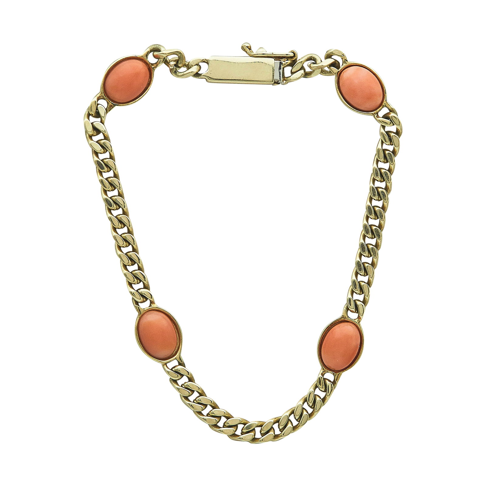 14K Yellow Gold and Coral Curblink Bracelet: METAL: 14K Yellow Gold; GEMSTONES: Coral; STAMPED: K14, Maker's Mark, Italy; CONDITION: Pre-owned, Very Good; ITEM WEIGHT (GRAMS): 10.1 g; MEASUREMENTS: Bracelet 6 7/8 inches long