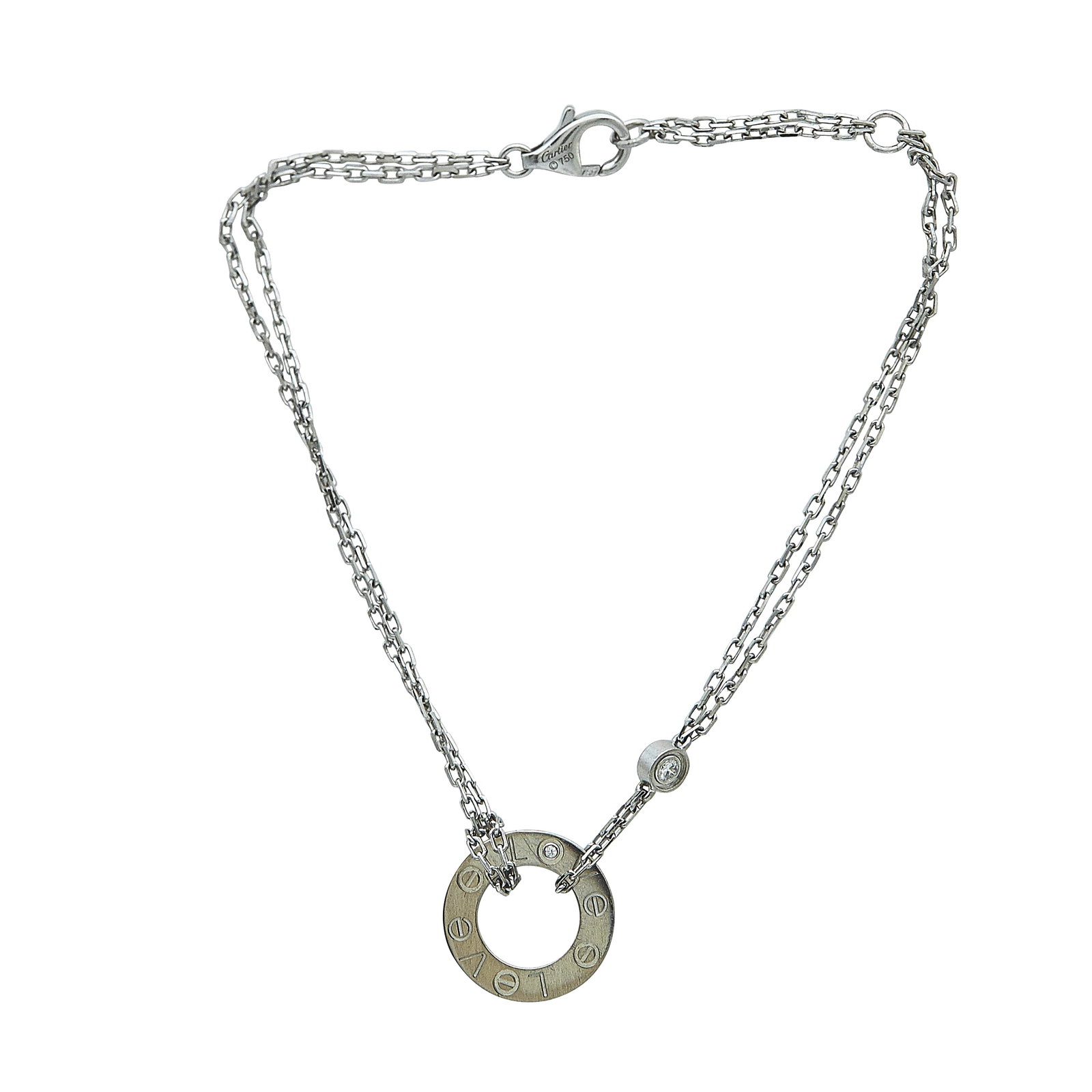 Cartier Love 18K White Gold and Diamond Bracelet: BRAND: Cartier; COLLECTION: Love; METAL: 18K White Gold; APPROXIMATE TOTAL DIAMOND WEIGHT: 0.03 ctw; STAMPED: Cartier ©, 750, Serial number, Maker's mark; CONDITION: Pre-owned, Very Good; ITEM WEIGHT