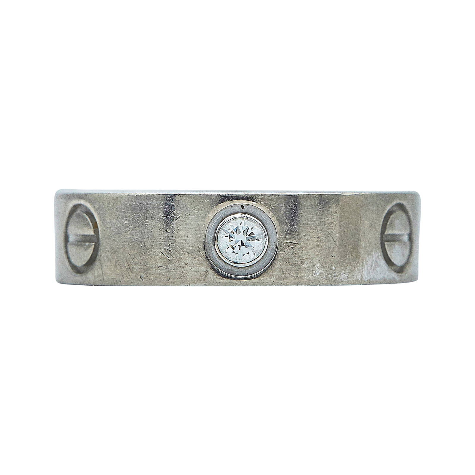 Cartier Love 18K White Gold and Diamond Band Ring: BRAND: Cartier; COLLECTION: Love; METAL: 18K White Gold; APPROXIMATE TOTAL DIAMOND WEIGHT: 0.23 ctw; STAMPED: Cartier, 750, ©, 56, Serial number, Italian workshop mark; CONDITION: Pre-owned, Good;