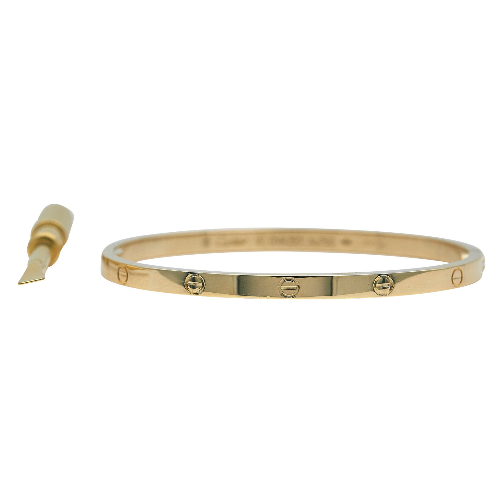 Cartier Love Small Model 18K Yellow Gold Bracelet: BRAND: Cartier; COLLECTION: Love; METAL: 18K Yellow Gold; STAMPED: © Cartier, 16, serial number, Au750, maker's mark, Swiss marks; CONDITION: Pre-owned, Very Good; ITEM WEIGHT (GRAMS): 17.9 g; MEASUR