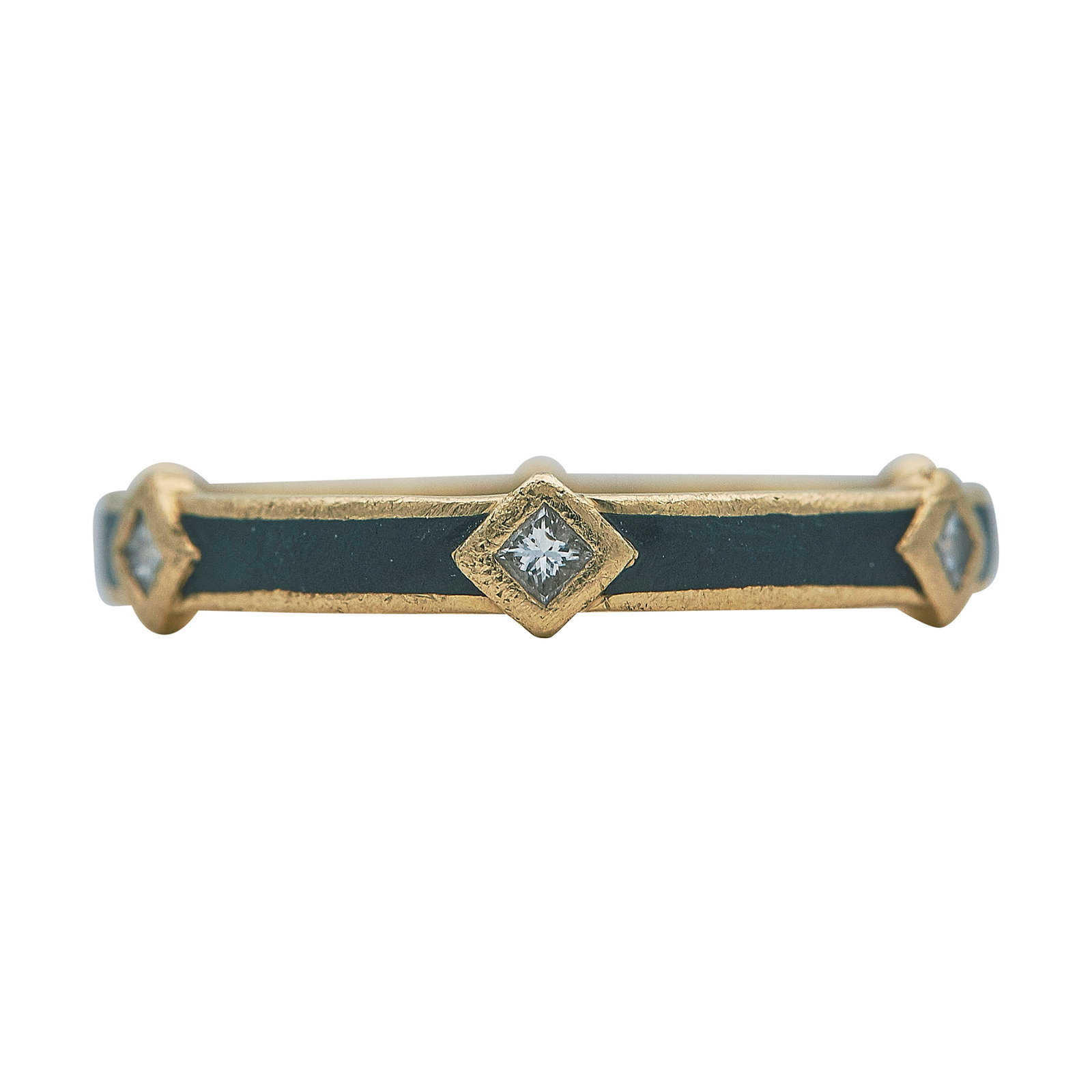 Mejuri 14K Yellow Gold, Black Enamel, and Diamond Ring: BRAND: Mejuri; METAL: 14K Yellow Gold; APPROXIMATE TOTAL DIAMOND WEIGHT: 0.18 ctw; GEMSTONES: Enamel, scratches and wear to enamel; STAMPED: Mejuri, 14K; CONDITION: Pre-owned, Fair; ITEM WEIGHT