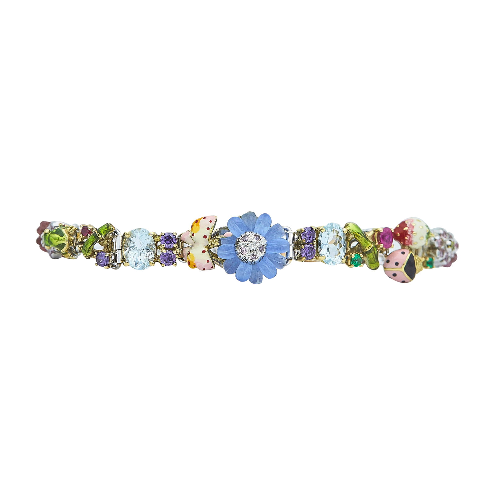 Rabat Santagostino 18K Yellow and White Gold Enamel, Ruby, Topaz, Emerald, and Diamond Fairytale: BRAND: Rabat; METAL: 18K Yellow Gold/White Gold; APPROXIMATE TOTAL DIAMOND WEIGHT: 0.01 ctw; GEMSTONES: Enamel, Ruby, Emerald, Amethyst, Topaz; STAMPED: 750, Italian workshop mark, Rabat, Santagostino