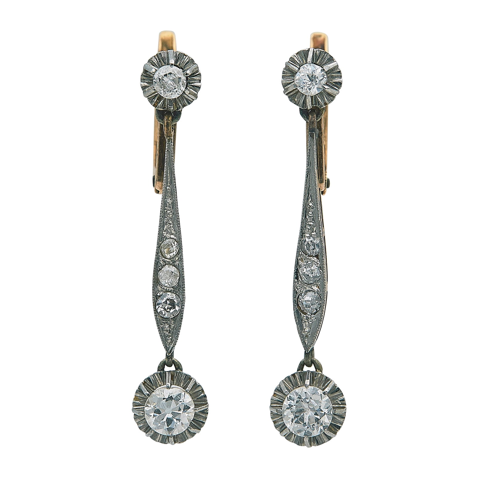 Vintage 18K Yellow Gold and Platinum Diamond Drop Earrings: METAL: 18K Yellow Gold/Platinum; APPROXIMATE TOTAL DIAMOND WEIGHT: 0.70 ctw; CONDITION: Pre-owned, Very Good; ITEM WEIGHT (GRAMS): 3.3 g; MEASUREMENTS: Earrings 1 3/16 inch long x 3/16 inch wide;
