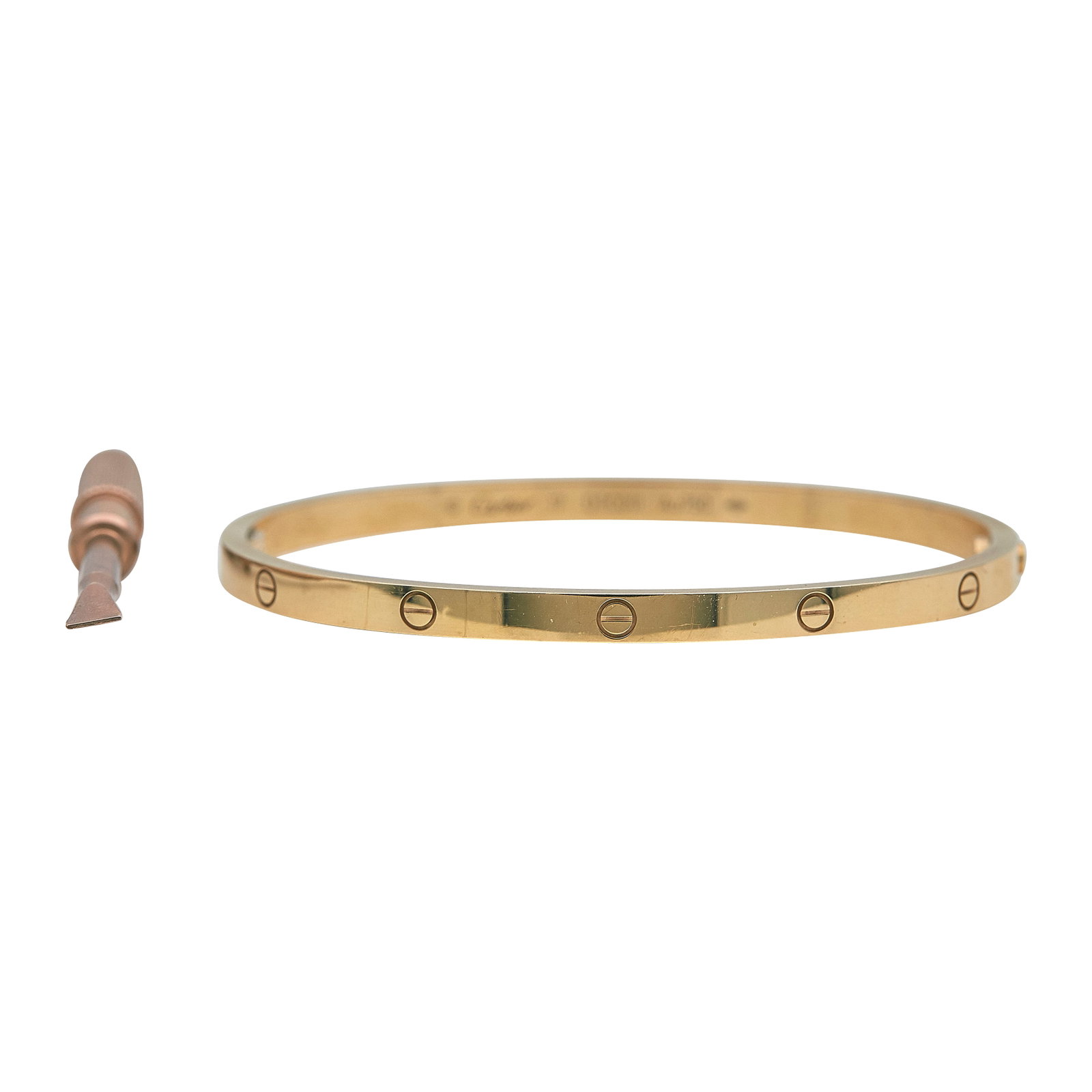 Cartier Love Small Mode 18K Rose Gold Bracelet: BRAND: Cartier; COLLECTION: Love; METAL: 18K Rose Gold; STAMPED: © Cartier, 17, serial number, Au750, makers mark; CONDITION: Pre-owned, Good; ITEM WEIGHT (GRAMS): 19 g; MEASUREMENTS: Cartier size