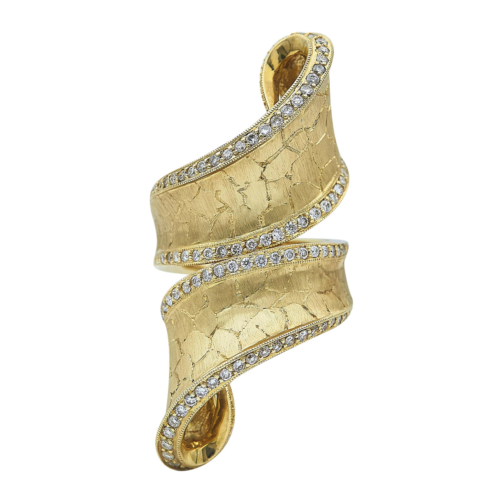 18K Yellow Gold and Diamond Ribbon Ring: METAL: 18K Yellow Gold; APPROXIMATE TOTAL DIAMOND WEIGHT: 0.79 ctw; STAMPED: D079, 18K; CONDITION: Pre-owned, Good; ITEM WEIGHT (GRAMS): 13.1 g; MEASUREMENTS: Ring size 5, Ring 1 3/4 inch long