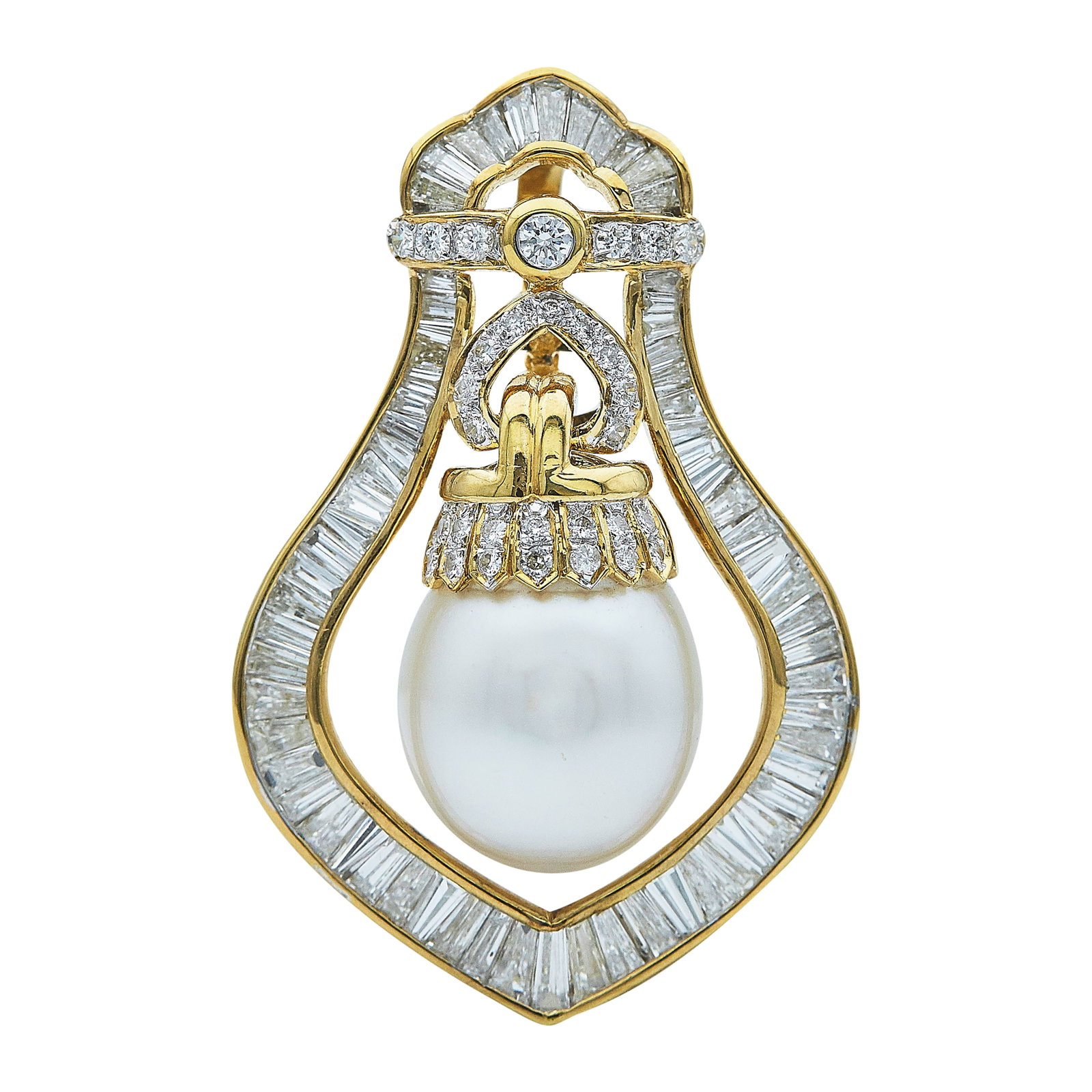 18K Yellow Gold, Pearl, and Diamond Pendant: METAL: 18K Yellow Gold; APPROXIMATE TOTAL DIAMOND WEIGHT: 3 ctw; STAMPED: 18K, 750, Maker's mark; CONDITION: Pre-owned, Very Good; ITEM WEIGHT (GRAMS): 16 g; MEASUREMENTS: Pendant 1 7/8 inch long x 1 