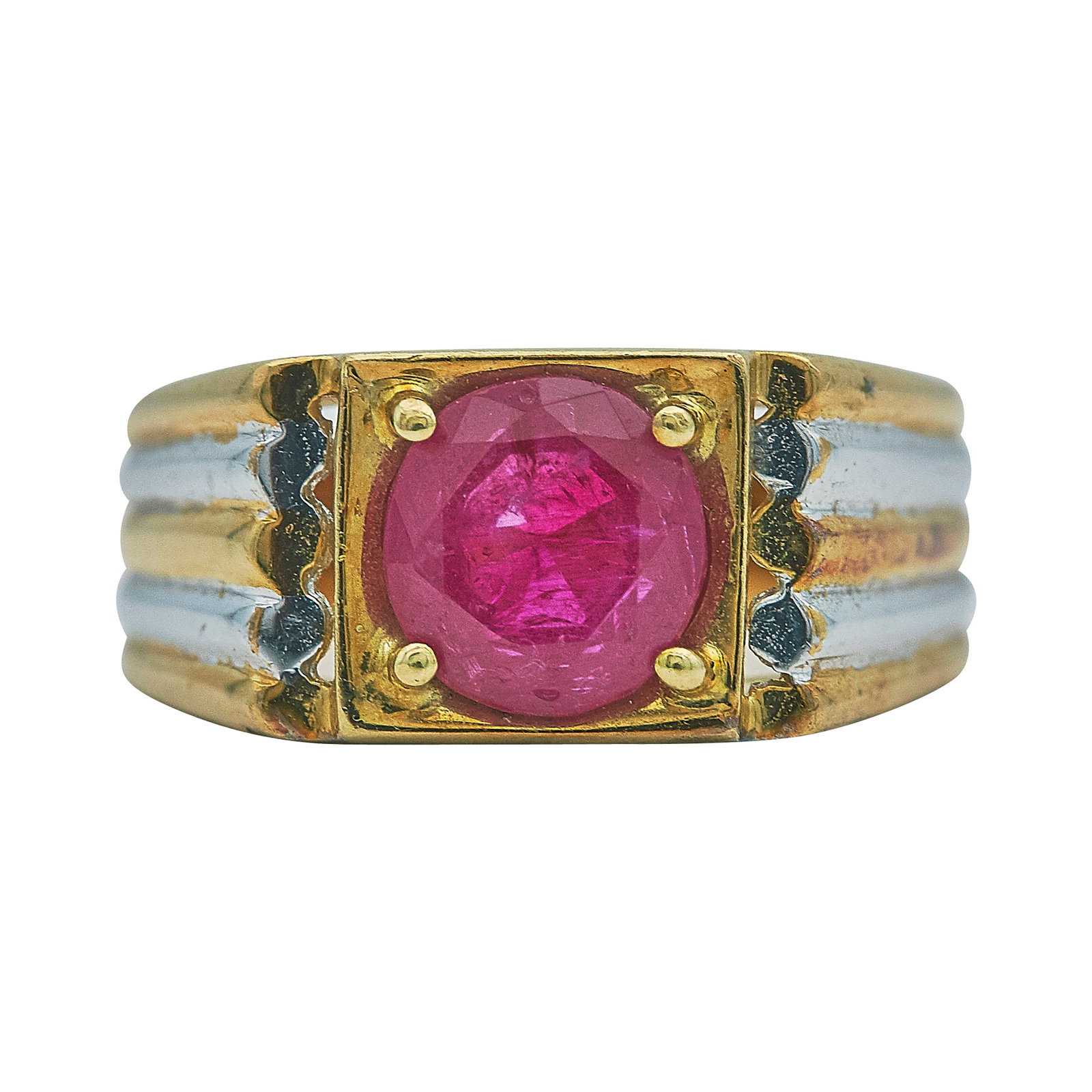 18K Yellow and White Gold Ruby Ring: METAL: 18K Yellow Gold/White Gold; GEMSTONES: Ruby approx. 1.34 carats, Weight estimated by formula; STAMPED: 750, Maker's Mark; CONDITION: Pre-owned, Very Good; ITEM WEIGHT (GRAMS): 5.6 g; MEASUREMEN