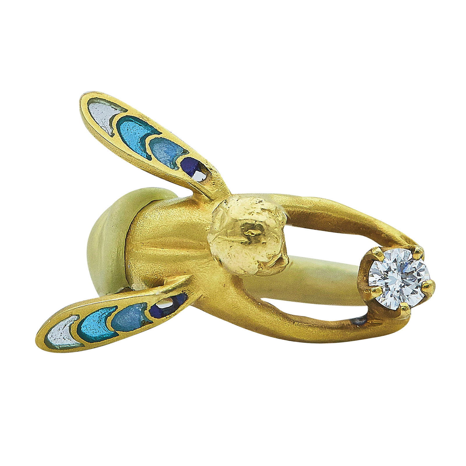 Masriera 18K Yellow Gold Plique-à-Jour Enamel and Diamond Angel of the Morning Pendant: BRAND: Masriera; METAL: 18K Yellow Gold; APPROXIMATE TOTAL DIAMOND WEIGHT: 0.14 ctw; GEMSTONES: Enamel; STAMPED: Masriera, Serial number, 750; CONDITION: Pre-owned, Fair; ITEM WEIGHT (GRAMS): 5.8 g;