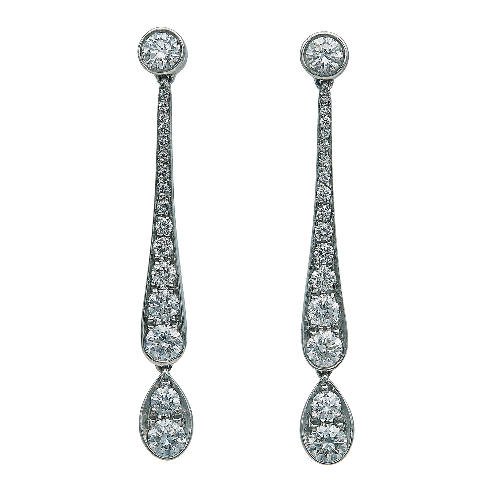 Tiffany & Co. Tiffany Jazz Platinum and Diamond Drop Earrings: BRAND: Tiffany & Co.; COLLECTION: Tiffany Jazz; METAL: Platinum; APPROXIMATE TOTAL DIAMOND WEIGHT: 0.56 ctw; STAMPED: © T & Co., PT950; CONDITION: Pre-owned, Very Good; ITEM WEIGHT (GRAMS): 4.1 g; ME