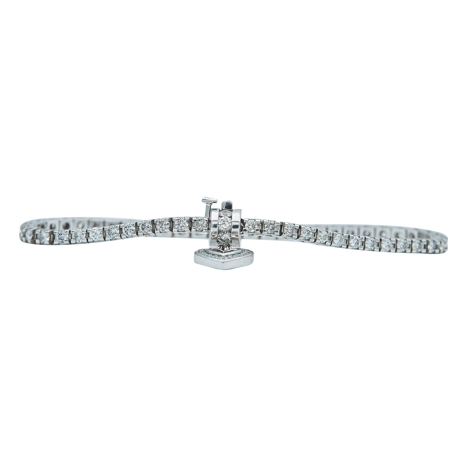 14K White Gold and Diamond Heart Charm Tennis Bracelet: METAL: 14K White Gold; APPROXIMATE TOTAL DIAMOND WEIGHT: 2.64 ctw; STAMPED: Clasp marked: 14K, Maker's Marks; Charm marked: 14K, HDS; CONDITION: Pre-owned, Very Good; ITEM WEIGHT (GRAMS): 12.8 g; MEAS