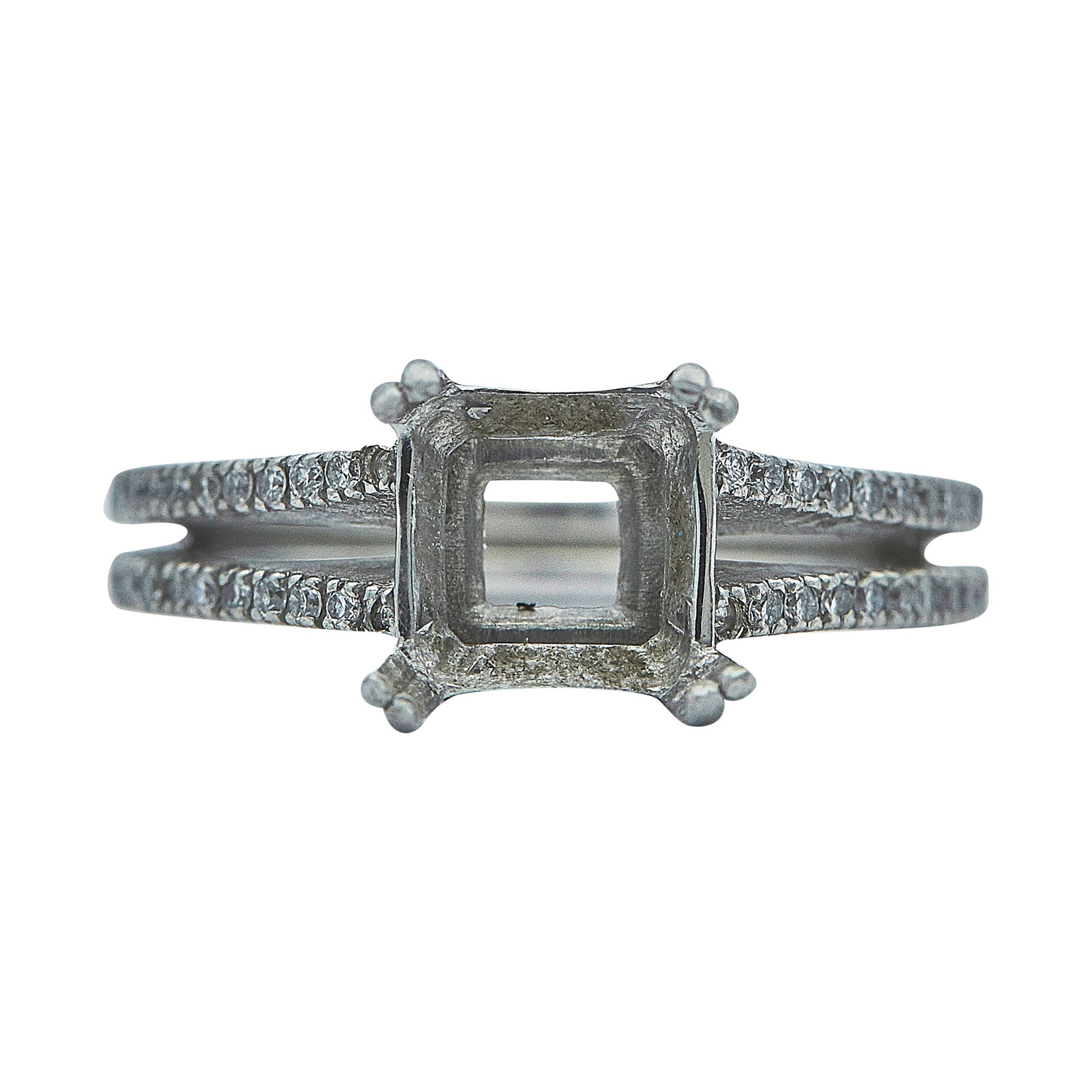 Chris Aire Platinum and Diamond Ring Setting: METAL: Platinum; APPROXIMATE TOTAL DIAMOND WEIGHT: 0.32 ctw; STAMPED: Chris Aire, Plat; CONDITION: Pre-owned, Good; ITEM WEIGHT (GRAMS): 7.2 g; MEASUREMENTS: Ring size 5 1/2, Center will fit approx. 7