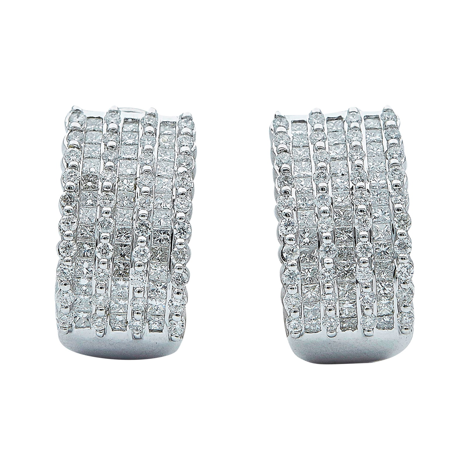 18K White Gold and Diamond Half Hoop Earrings: METAL: 18K White Gold; APPROXIMATE TOTAL DIAMOND WEIGHT: 1.88 ctw; STAMPED: 18K, 750, Maker's Mark; CONDITION: Pre-owned, Very Good; ITEM WEIGHT (GRAMS): 9.1 g; MEASUREMENTS: Earrings 3/4 inch long x 