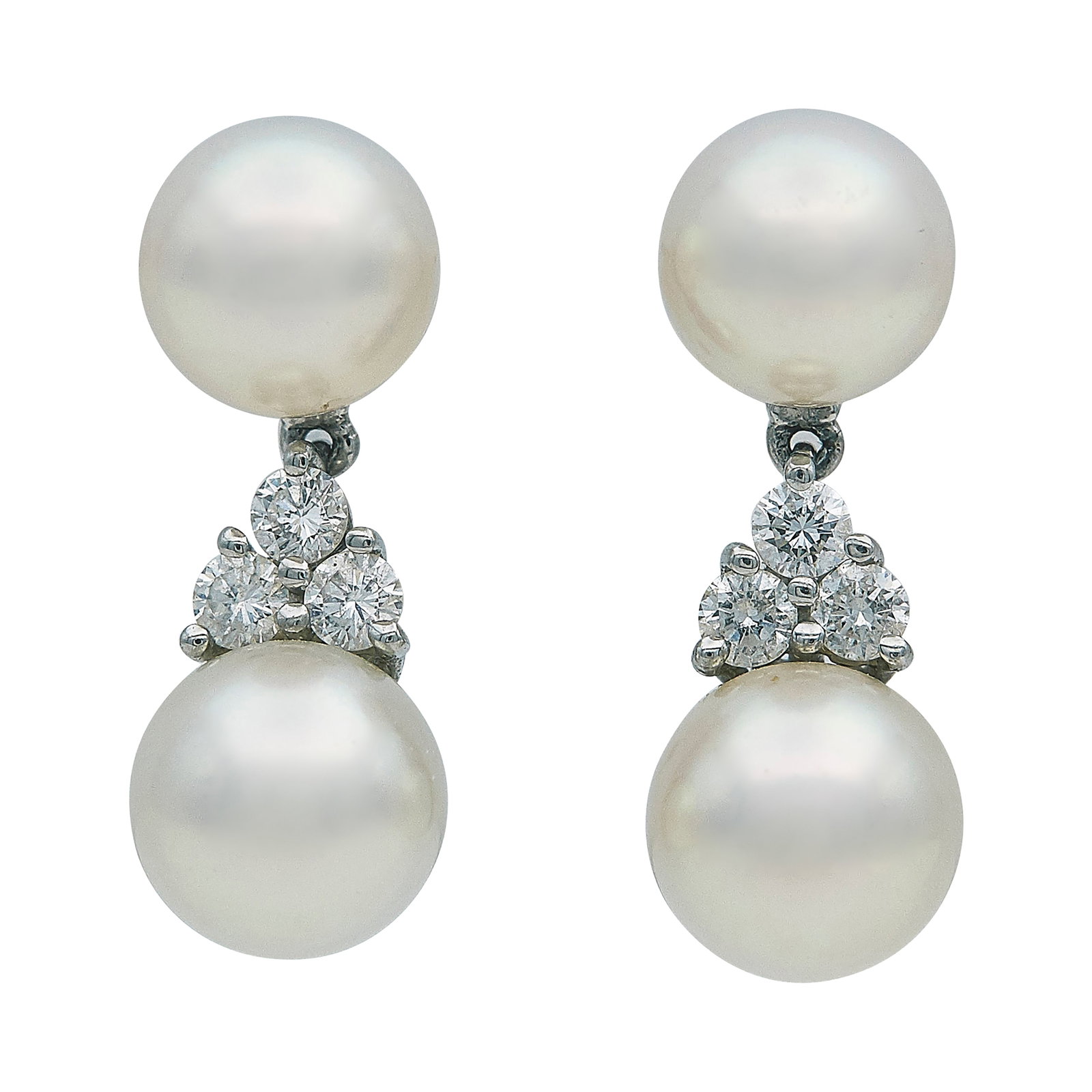 Tiffany & Co. Platinum Cultured Pearl and Diamond Drop Earrings: BRAND: Tiffany & Co.; METAL: Platinum; APPROXIMATE TOTAL DIAMOND WEIGHT: 0.36 ctw; GEMSTONES: Cultured Pearls approx. 7.50 mm in diameter and 7.00 mm in diameter; STAMPED: PT950, T & Co.; CONDITION: P