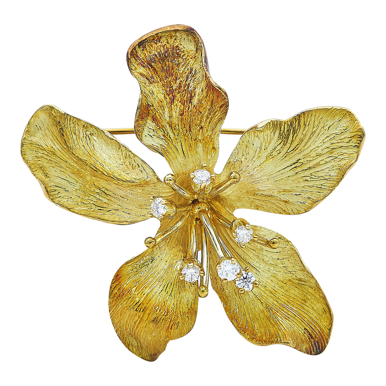 Tiffany & Co. 18K Yellow Gold and Diamond Flower Brooch Pin: COLLECTION: Tiffany & Co.; METAL: 18K Yellow Gold; APPROXIMATE TOTAL DIAMOND WEIGHT: 0.40 ctw; STAMPED: Tiffany & Co., 750; CONDITION: Pre-owned, Very Good; ITEM WEIGHT (GRAMS): 26.7 g; MEASUREMENTS: 