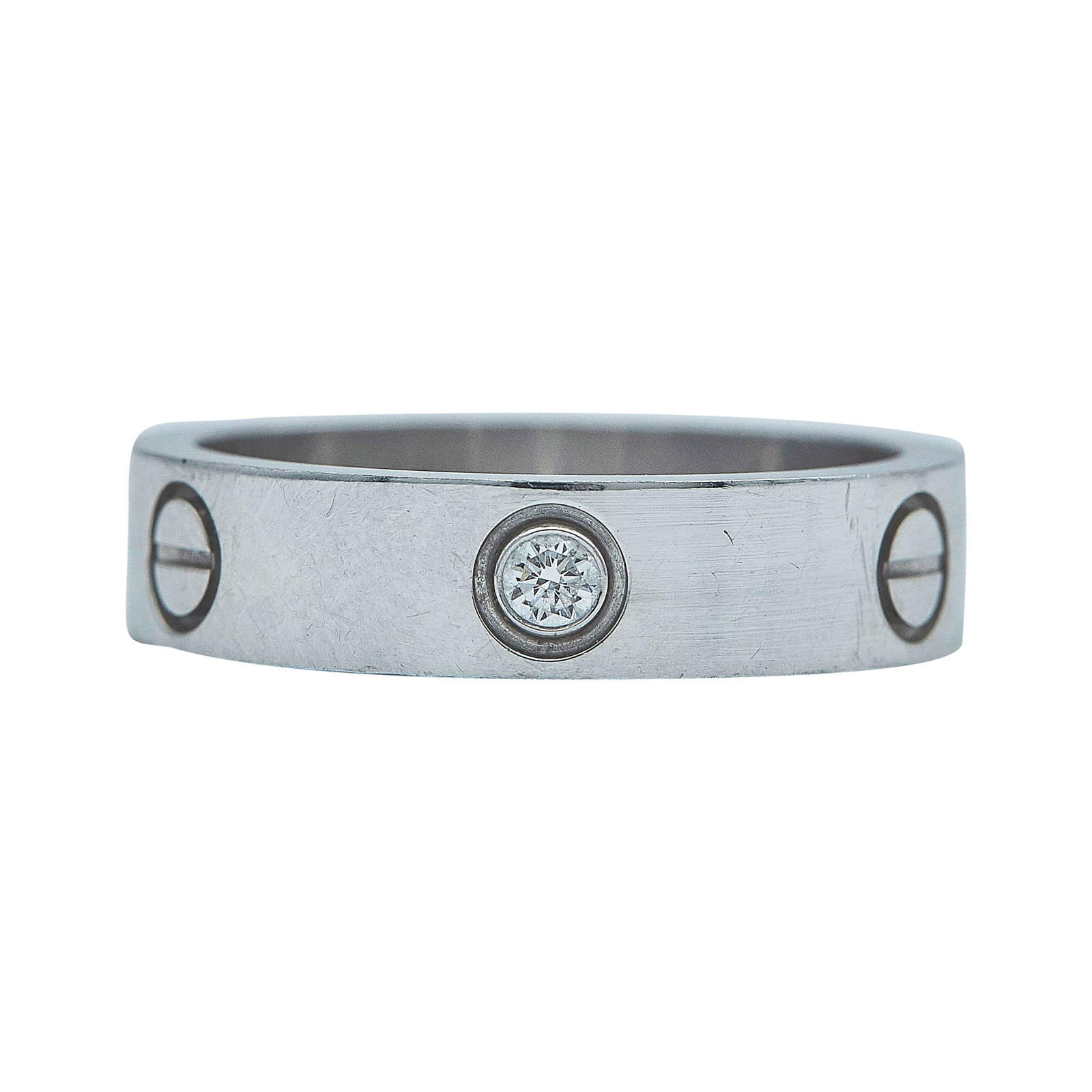 Cartier Love 18K White Gold and Diamond Band Ring: BRAND: Cartier; COLLECTION: Love; METAL: 18K White Gold; APPROXIMATE TOTAL DIAMOND WEIGHT: 0.18 ctw; STAMPED: © Cartier, 62, serial number, Au750; CONDITION: Pre-owned, Very Good; ITEM WEIGHT (GRAMS)
