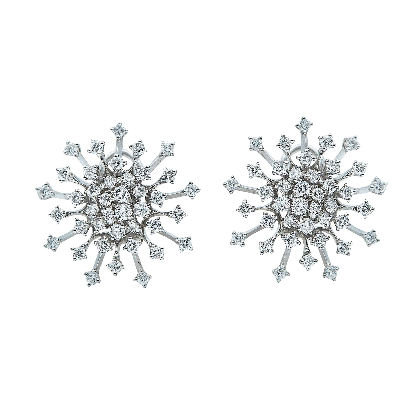 18K White Gold and Diamond Cluster Earrings: METAL: 18K White Gold; APPROXIMATE TOTAL DIAMOND WEIGHT: 3.40 ctw; STAMPED: 750, Italian workshop mark; CONDITION: Pre-owned, Very Good; ITEM WEIGHT (GRAMS): 13.4 g; MEASUREMENTS: Earrings 1 1/16 inch
