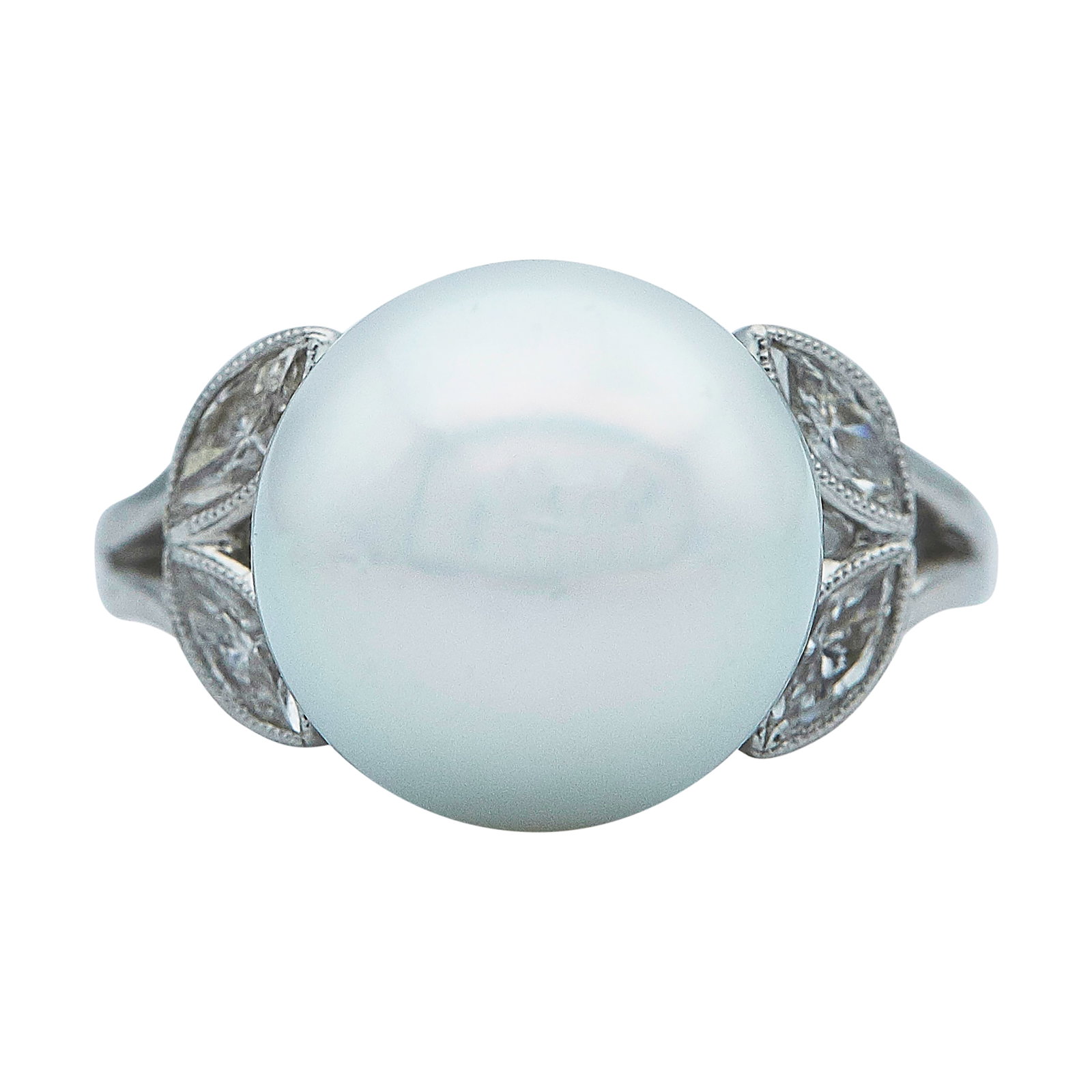 18K White Gold Pearl and Diamond Ring: METAL: 18K White Gold; APPROXIMATE TOTAL DIAMOND WEIGHT: 0.42 ctw; GEMSTONES: Pearl approx. 12.00 mm in diameter; STAMPED: 750, 18K, P 13.1, D 0.42; CONDITION: Pre-owned, Good; ITEM WEIGHT (GRAMS): 6.