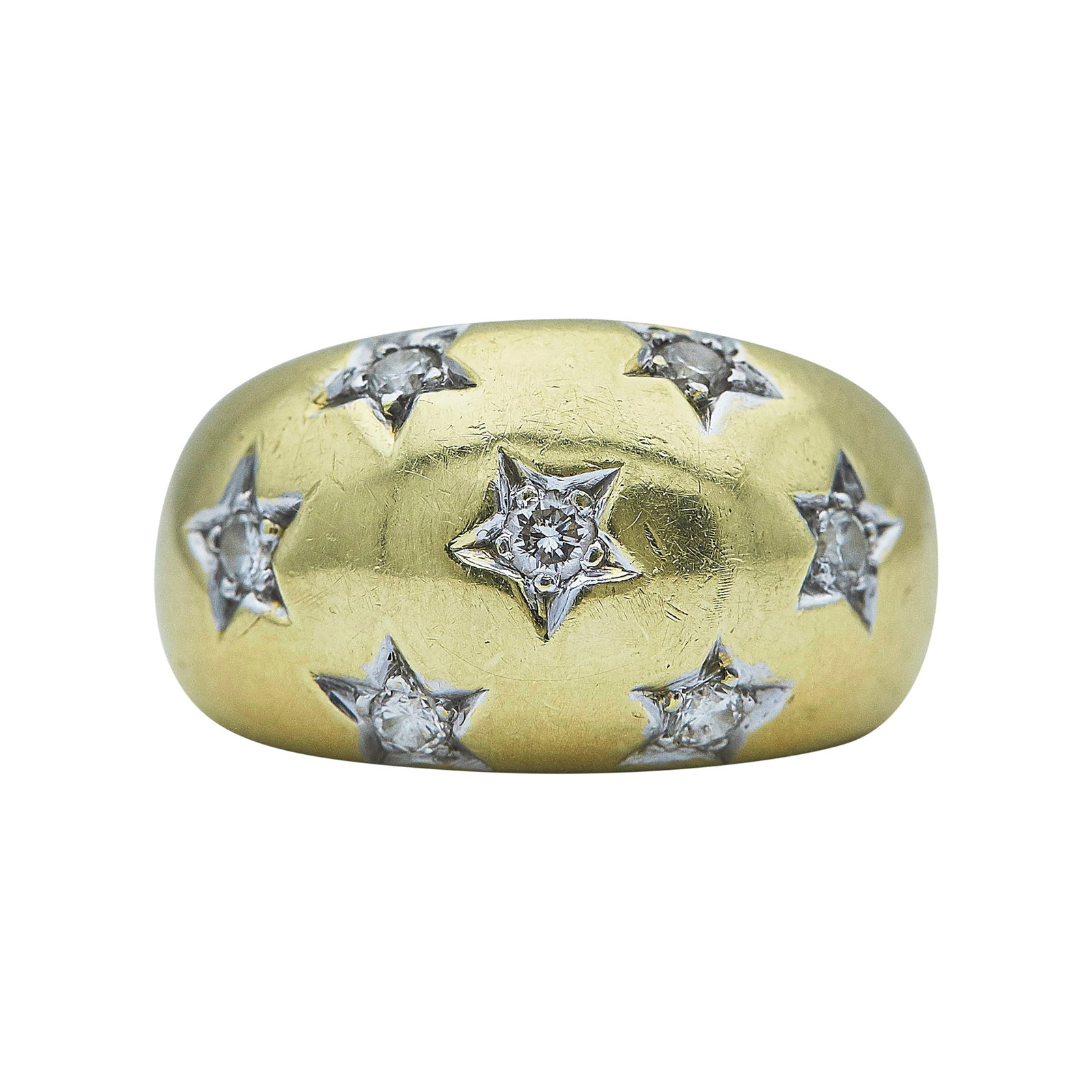 18K Yellow Gold and Diamond Star Bombe Ring: METAL: 18K Yellow Gold; APPROXIMATE TOTAL DIAMOND WEIGHT: 0.42 ctw; STAMPED: 750, 18K; CONDITION: Pre-owned, Very Good; ITEM WEIGHT (GRAMS): 10.2 g; MEASUREMENTS: Ring size 6 1/2