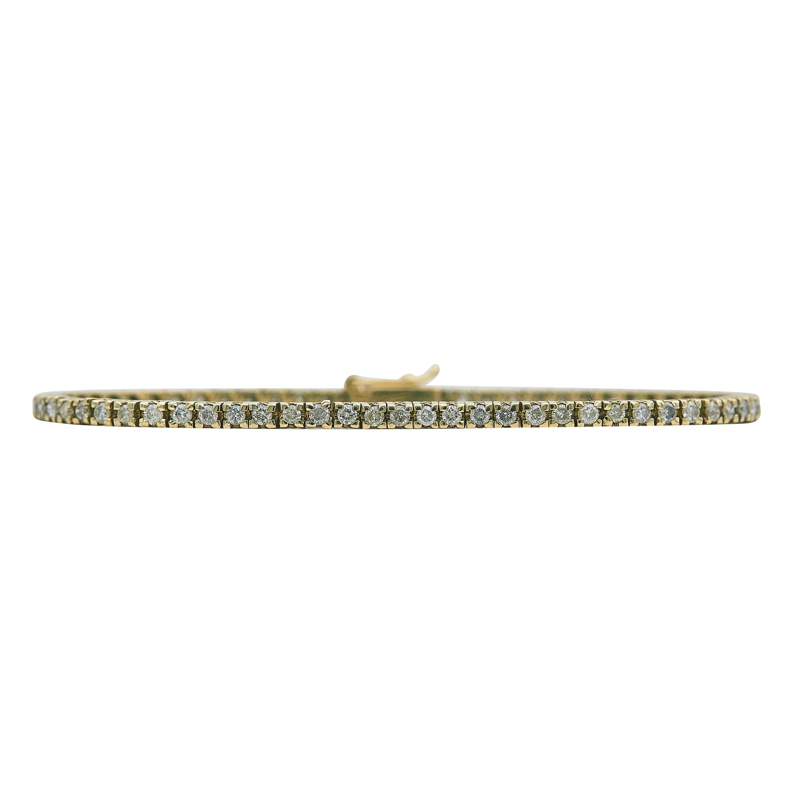 14K Yellow Gold and Diamond Tennis Bracelet: METAL: 14K Yellow Gold; APPROXIMATE TOTAL DIAMOND WEIGHT: 2.04 ctw; TESTED: 14K Yellow Gold; CONDITION: Pre-owned, Very Good; ITEM WEIGHT (GRAMS): 10.3 g; MEASUREMENTS: Bracelet 7 1/8 inches long