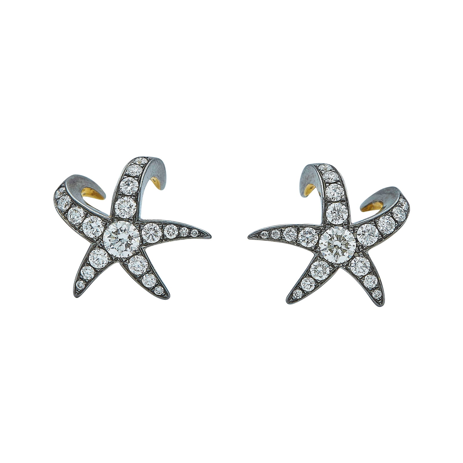 18K Yellow and Blackened Gold Diamond Starfish Earrings: METAL: 18K Yellow Gold, 18K BG; APPROXIMATE TOTAL DIAMOND WEIGHT: 1.30 ctw; STAMPED: CJ, 750; CONDITION: Pre-owned, Very Good; ITEM WEIGHT (GRAMS): 7.37 g; MEASUREMENTS: Earrings 3/4 inch long x 5/8 i