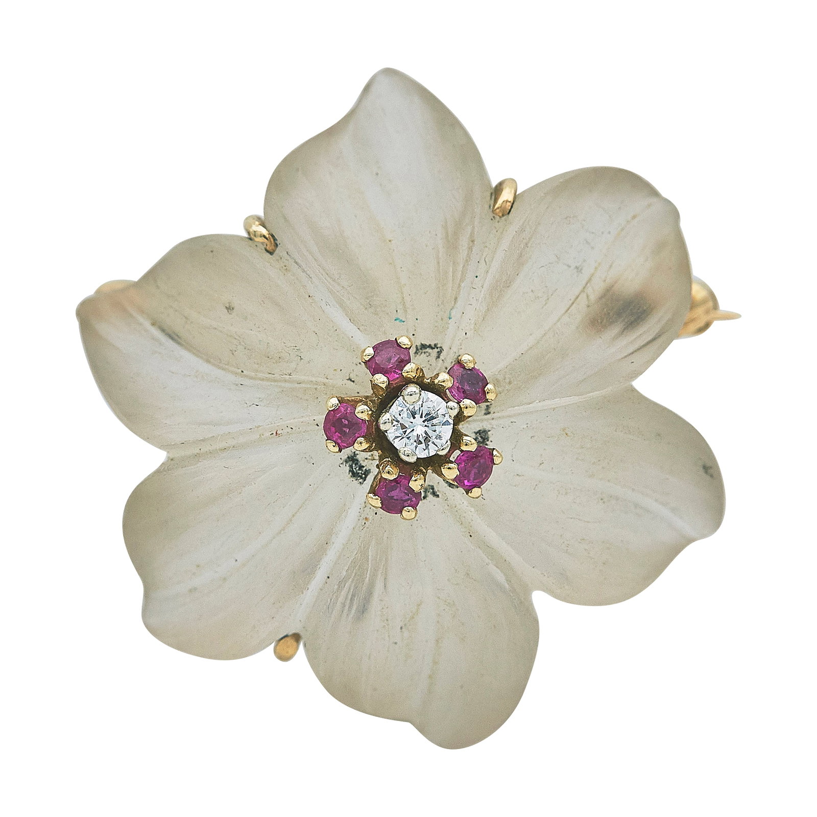 14K Yellow Gold Ruby, Diamond, and Quartz Flower Brooch (1 of 4)