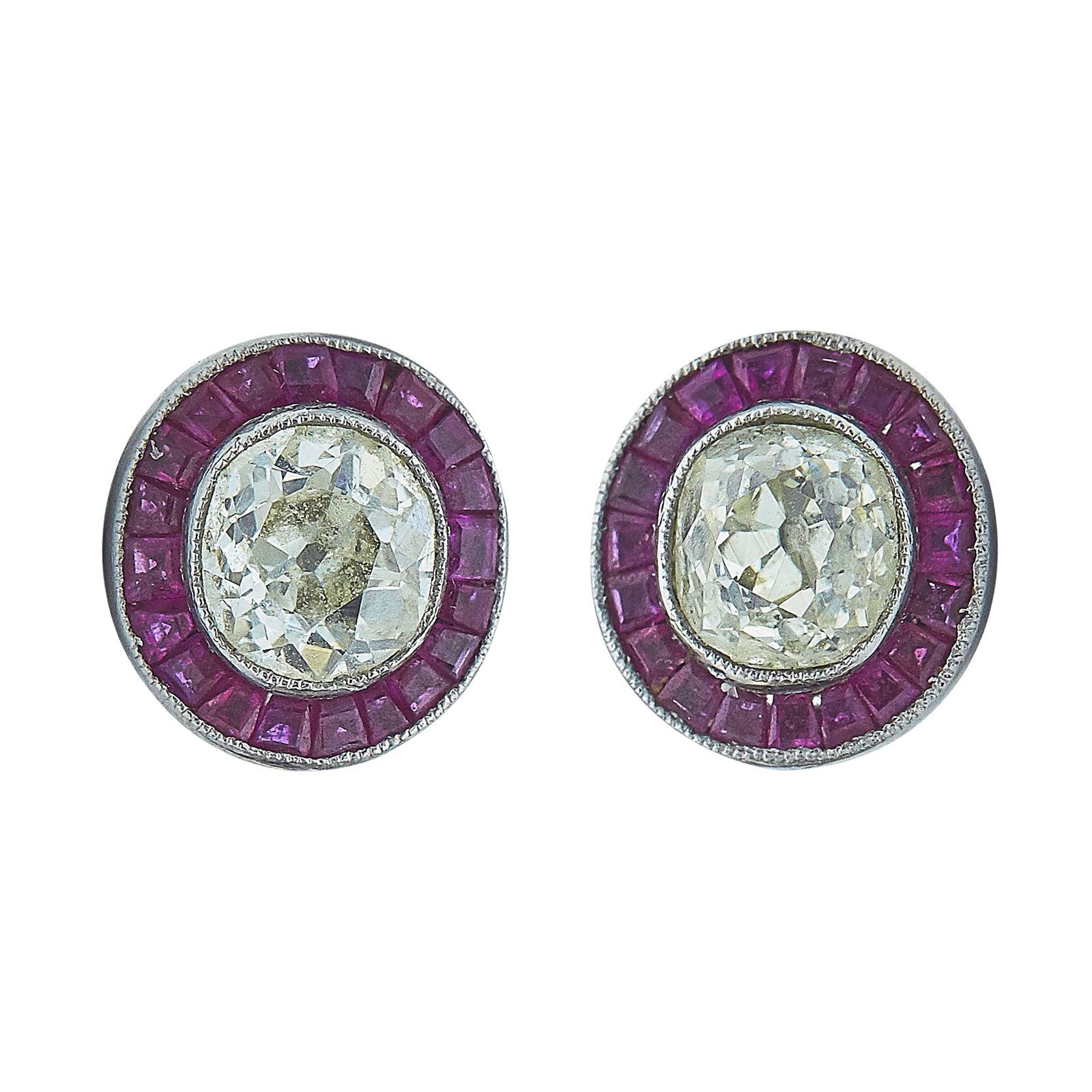Platinum Old European Cut Diamond and Synthetic Ruby Stud Earrings (1 of 3)