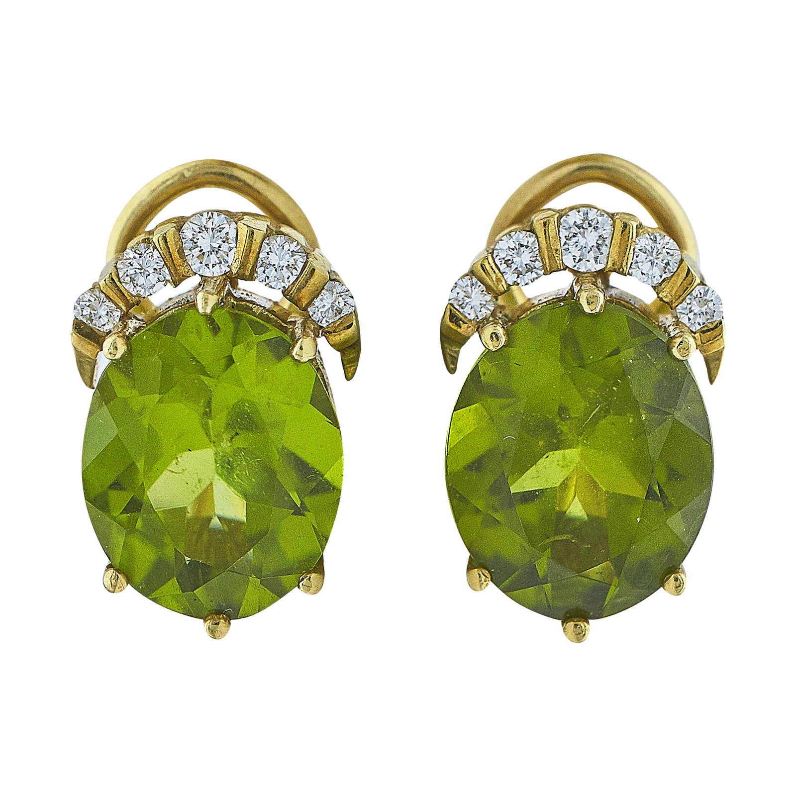 18K Yellow Gold Peridot and Diamond Earrings: METAL: 18K Yellow Gold; APPROXIMATE TOTAL DIAMOND WEIGHT: 0.30 ctw; GEMSTONES: Peridot approx. 4.71 carats, Weight estimated by formula; STAMPED: 18K; CONDITION: Pre-owned, Very Good; ITEM WEIGHT (GRA
