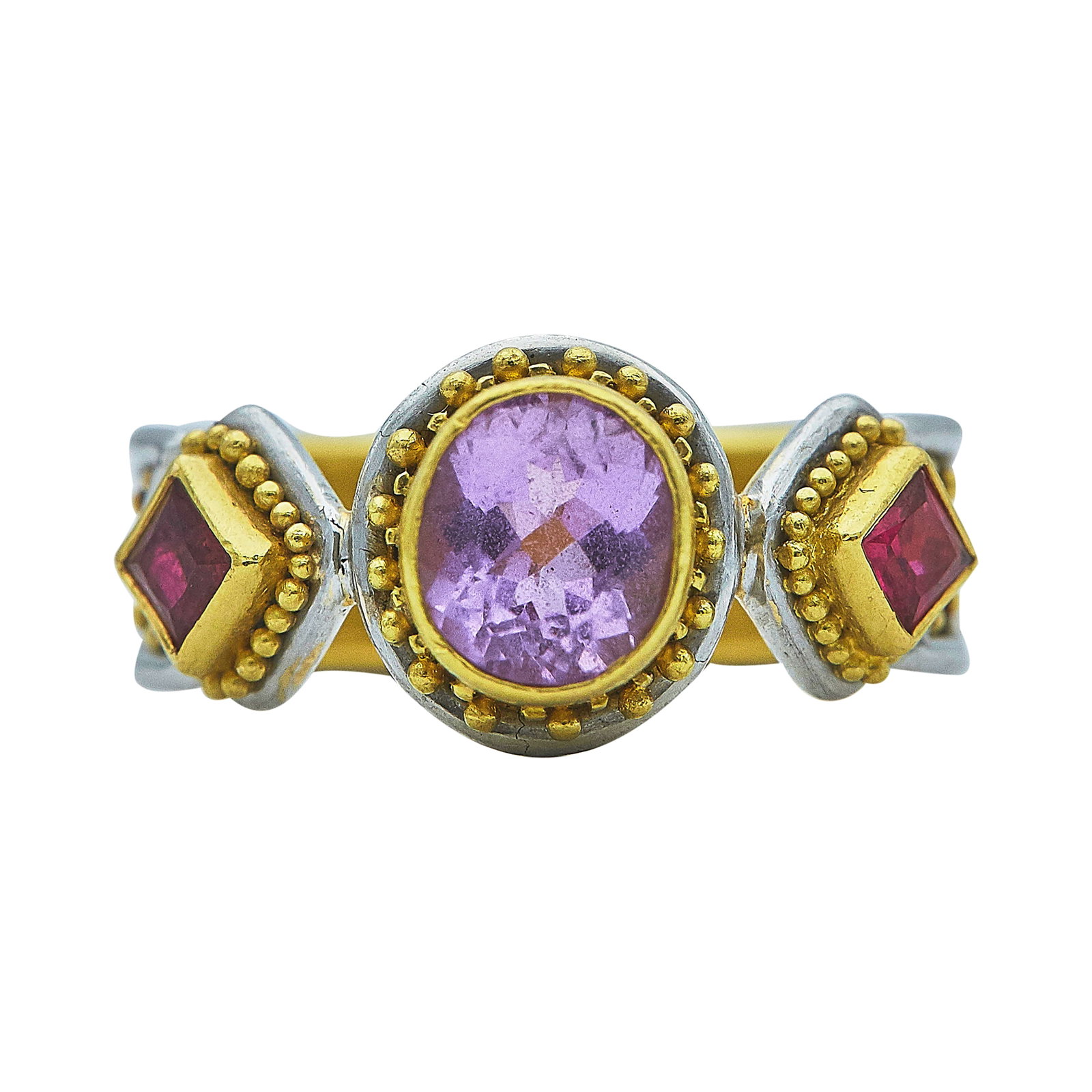 22K, 18K Yellow Gold and Platinum Pink Tourmaline and Ruby Ring: METAL: 22K Yellow Gold/Platinum, 18K Yellow Gold; GEMSTONES: Pink Tourmaline approx. 1.06 carats, Weight estimated by formula, Ruby; STAMPED: Maker's Mark, 22K, PT900, 18K; CONDITION: Pre-owned, Very 