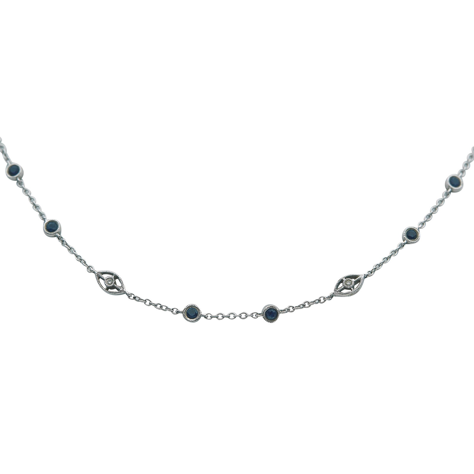Gabriel & Co. 14K White Gold Sapphire and Diamond Chain Link Necklace: BRAND: Gabriel & Co; METAL: 14K White Gold; APPROXIMATE TOTAL DIAMOND WEIGHT: 0.08 ctw; GEMSTONES: Sapphire; STAMPED: Gabriel & Co., 14K, Serial number, 585; CONDITION: Pre-owned, Very Good; ITEM WEIG