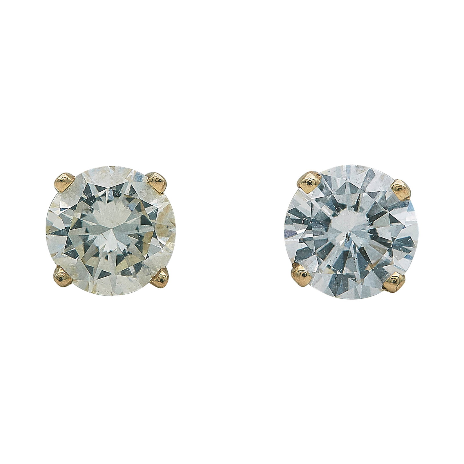 14K Yellow Gold and Diamond Stud Earrings: METAL: 14K Yellow Gold; APPROXIMATE TOTAL DIAMOND WEIGHT: 1.12 ctw; STAMPED: Backs marked: 14K; TESTED: 14K Yellow Gold; CONDITION: Pre-owned, Very Good; ITEM WEIGHT (GRAMS): 1.3 g; MEASUREMENTS: Earr
