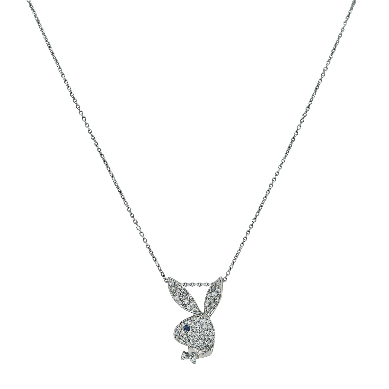 Platinum Diamond and Sapphire Playboy Bunny Pendant Necklace: METAL: Platinum; APPROXIMATE TOTAL DIAMOND WEIGHT: 0.50 ctw; GEMSTONES: Sapphire; STAMPED: Clasp marked: Plat; Pendant marked: PT950; CONDITION: Pre-owned, Good; ITEM WEIGHT (GRAMS): 6.7 g;