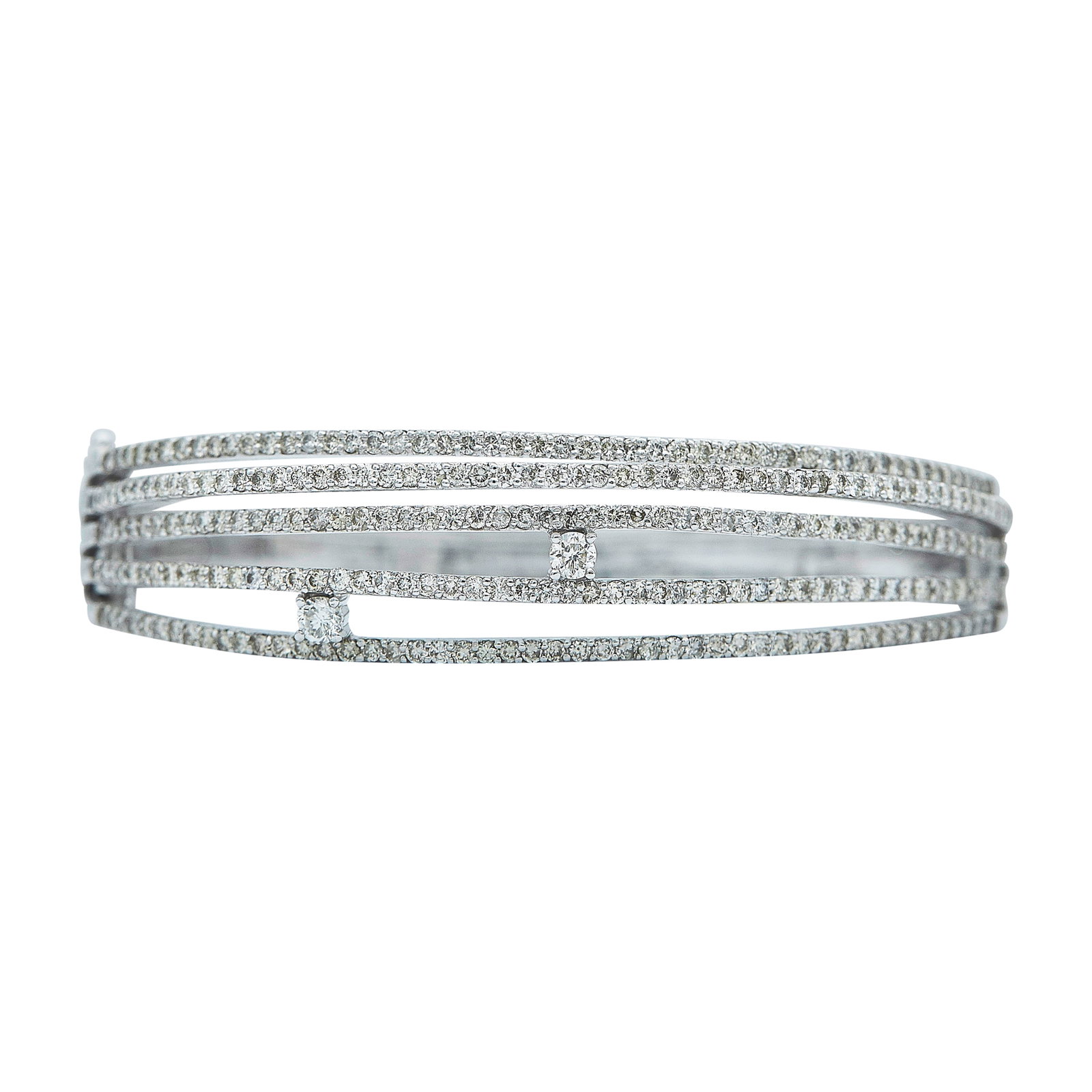 14K White Gold and Diamond Pave Bangle Bracelet: METAL: 14K White Gold; APPROXIMATE TOTAL DIAMOND WEIGHT: 3.73 ctw; STAMPED: 14K, 2, D373; CONDITION: Pre-owned, Very Good; ITEM WEIGHT (GRAMS): 23.2 g; MEASUREMENTS: Bracelet internal circumference
