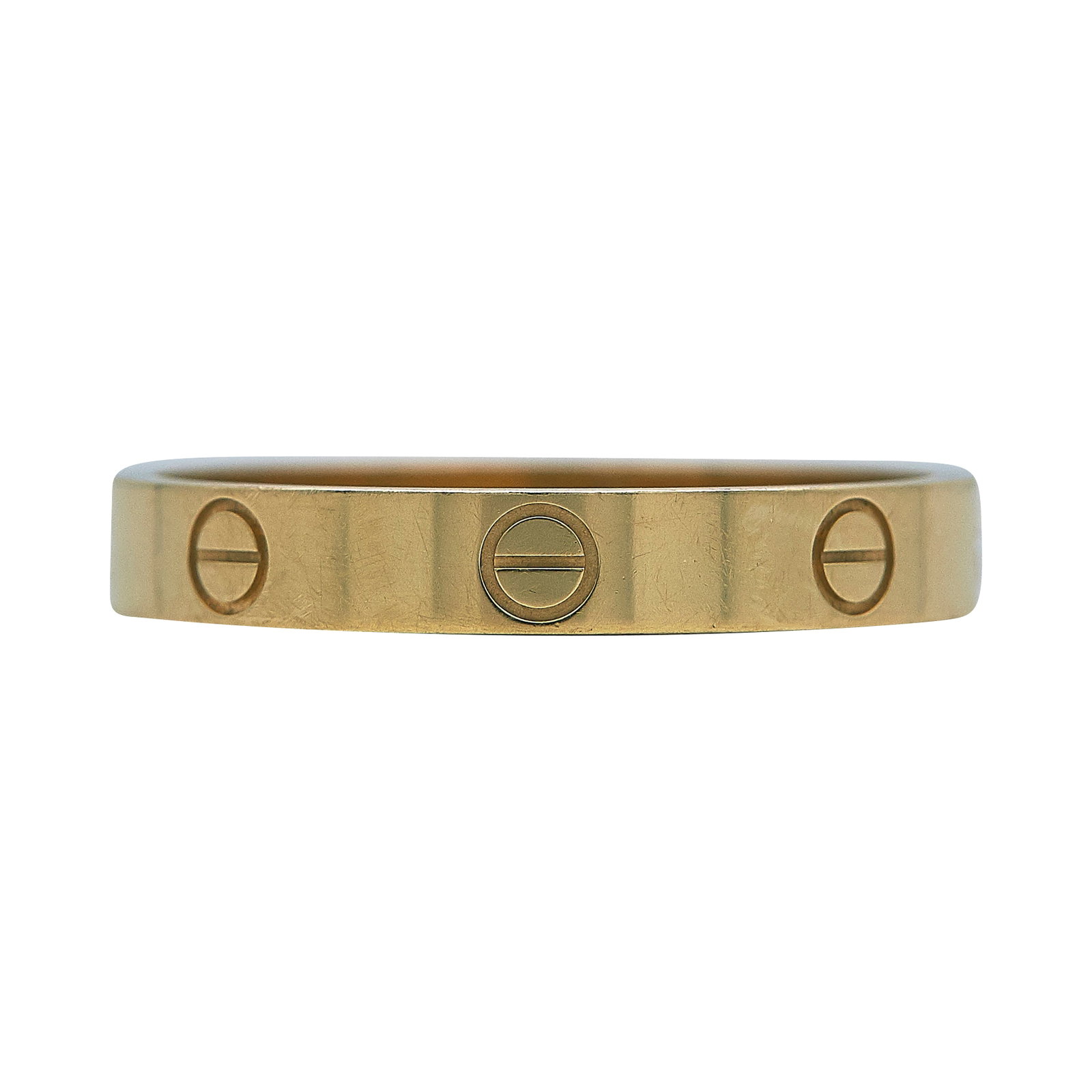 Cartier Love 18K Yellow Gold Band Ring: BRAND: Cartier; COLLECTION: Love; STAMPED: © Cartier, 63, serial number, Au750; CONDITION: Pre-owned, Good; ITEM WEIGHT (GRAMS): 4 g; MEASUREMENTS: Cartier size 63, US ring size 10 1/4; ADDITIONAL
