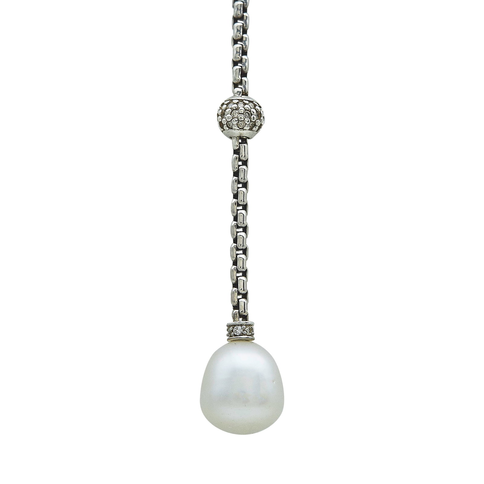 David Yurman Sterling Silver Baroque Pearl and Diamond Y Necklace: BRAND: David Yurman; METAL: Sterling Silver; APPROXIMATE TOTAL DIAMOND WEIGHT: 0.40 ctw; GEMSTONES: Pearl; STAMPED: Clasp marked: Maker's Mark, 925; CONDITION: Pre-owned, Very Good; ITEM WEIGHT