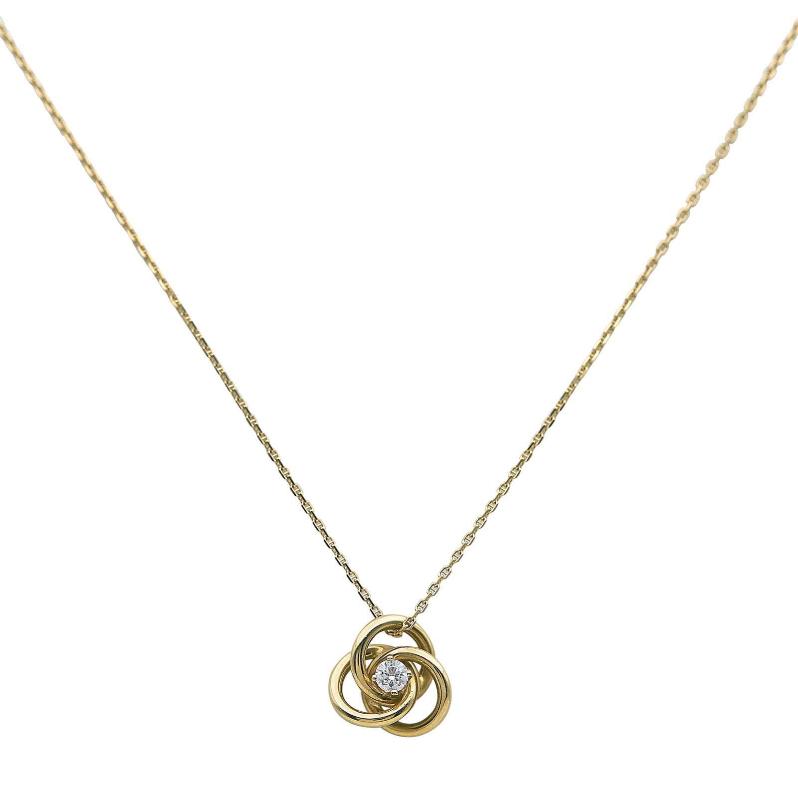 Tiffany & Co. 18K and 14K Yellow Gold Three Hoop Diamond Pendant Necklace: METAL: 14K Yellow Gold/18K Yellow Gold; APPROXIMATE TOTAL DIAMOND WEIGHT: 0.17 ctw; STAMPED: Pendant marked: T & Co., 750; Clasp marked: 585, No.12, Al'oro; CONDITION: Pre-owned, Very Good; ITEM