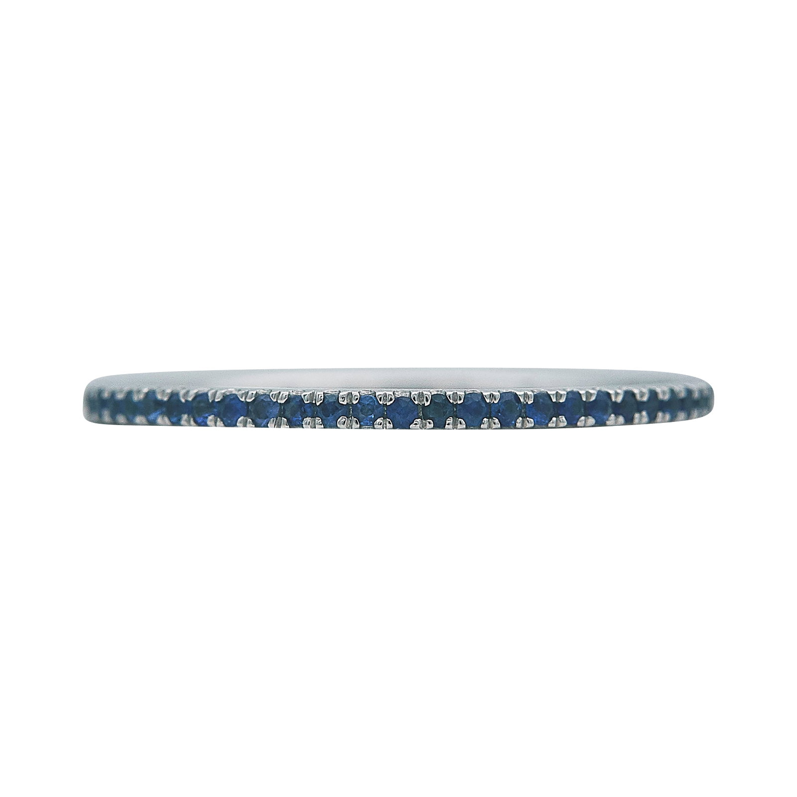 18K White Gold and Sapphire Band Ring: METAL: 18K White Gold; GEMSTONES: Sapphire; STAMPED: 18K, maker's mark; CONDITION: Pre-owned, Very Good; ITEM WEIGHT (GRAMS): 1.39 g; MEASUREMENTS: Ring size 8