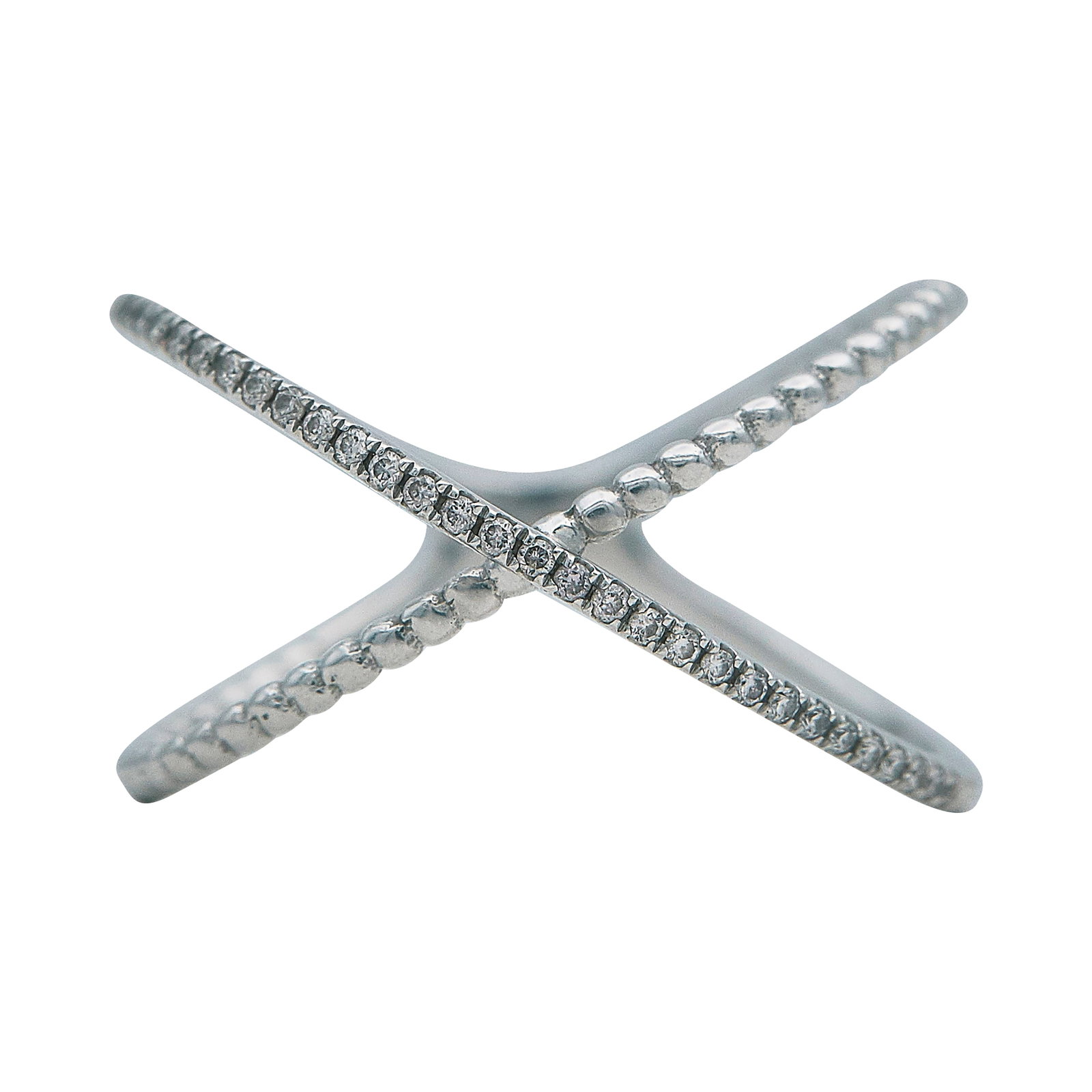 18K White Gold and Diamond X Ring: METAL: 18K White Gold; APPROXIMATE TOTAL DIAMOND WEIGHT: 0.07 ctw; STAMPED: 18K, maker's mark; CONDITION: Pre-owned, Very Good; ITEM WEIGHT (GRAMS): 2 g; MEASUREMENTS: Ring size 8