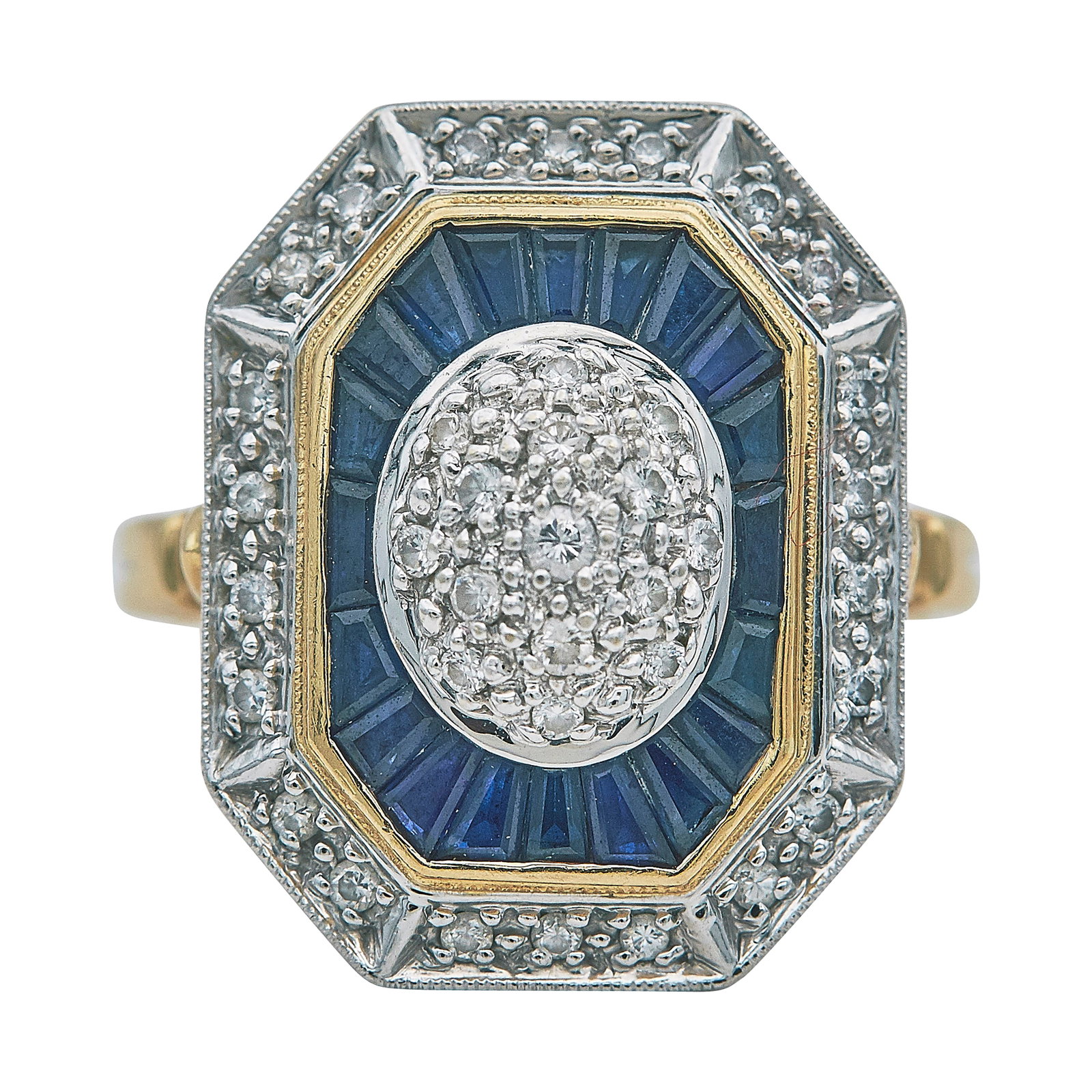 14K Yellow and White Gold Sapphire and Diamond Plaque Ring: METAL: 14K Yellow Gold/White Gold; APPROXIMATE TOTAL DIAMOND WEIGHT: 0.36 ctw; GEMSTONES: Sapphire; STAMPED: 14K, 750, © 92 FM; CONDITION: Pre-owned, Very Good; ITEM WEIGHT (GRAMS): 6.29 g; MEASUREME
