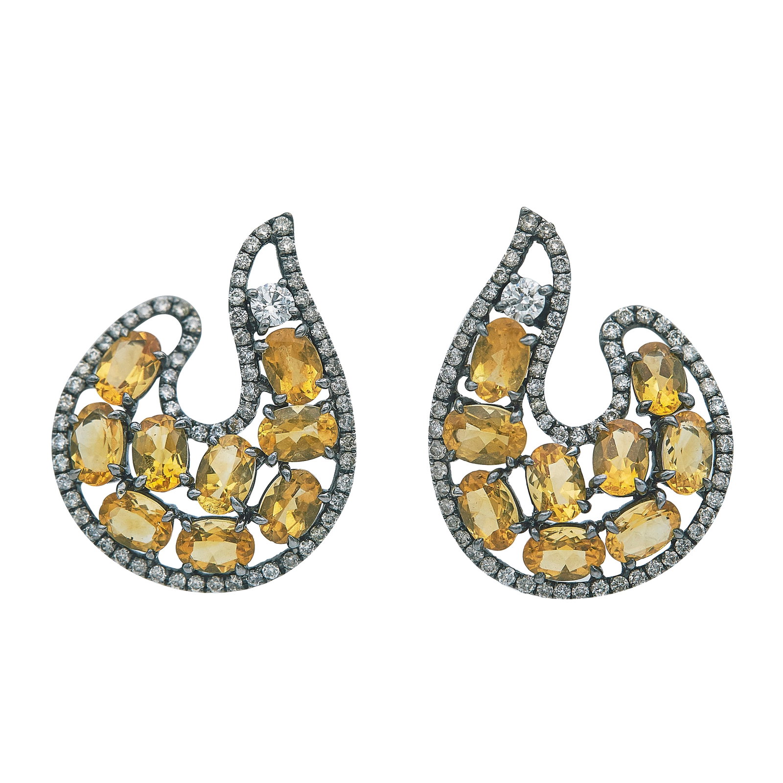 18K Blackened Gold Citrine and Diamond Earrings: METAL: 18K BG; APPROXIMATE TOTAL DIAMOND WEIGHT: 0.90 ctw; GEMSTONES: Citrines: Several have chips and abraded girdles; STAMPED: Backs marked: 750; TESTED: 18K BG; CONDITION: Pre-owned, Good; ITEM WEI