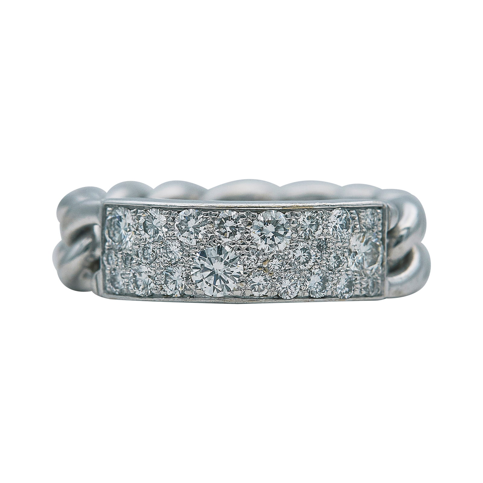 Christian Dior 18K White Gold and Diamond Pave Chain Ring: BRAND: Christian Dior; METAL: 18K White Gold; APPROXIMATE TOTAL DIAMOND WEIGHT: 0.30 ctw; STAMPED: DIOR, 750, 49, Serial number; CONDITION: Pre-owned, Good; ITEM WEIGHT (GRAMS): 5.2 g; MEASUREMENTS: D