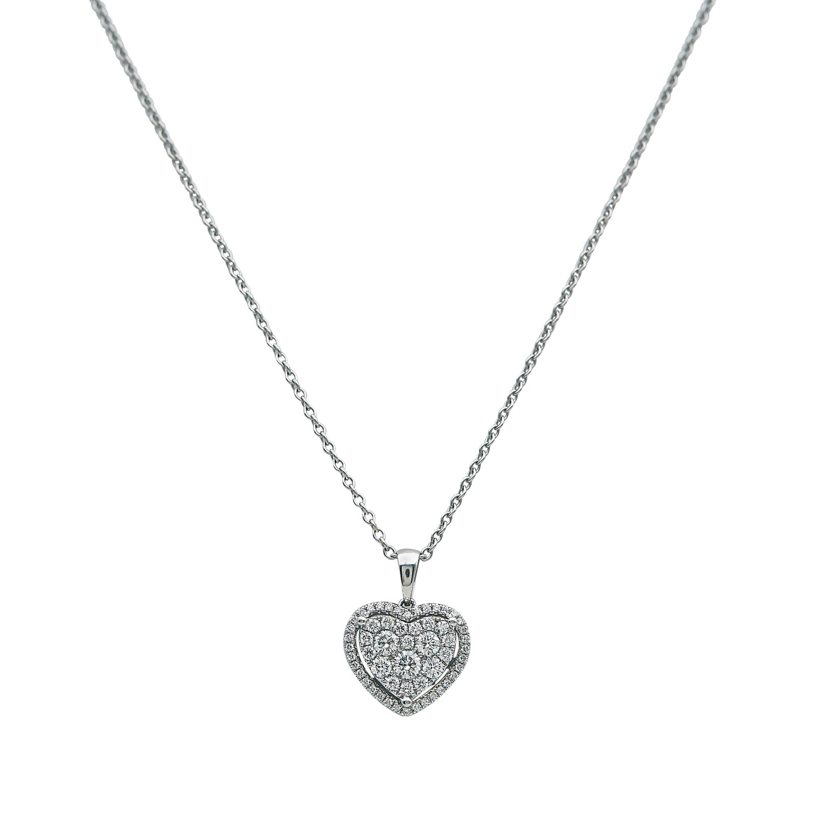14K White Gold Diamond Pave Heart Pendant Necklace: METAL: 14K White Gold; APPROXIMATE TOTAL DIAMOND WEIGHT: 1 ctw; STAMPED: Pendant marked: 14K, Maker's mark; Clasp marked: 585; CONDITION: Pre-owned, Very Good; ITEM WEIGHT (GRAMS): 4.6 g; MEASUREMENTS