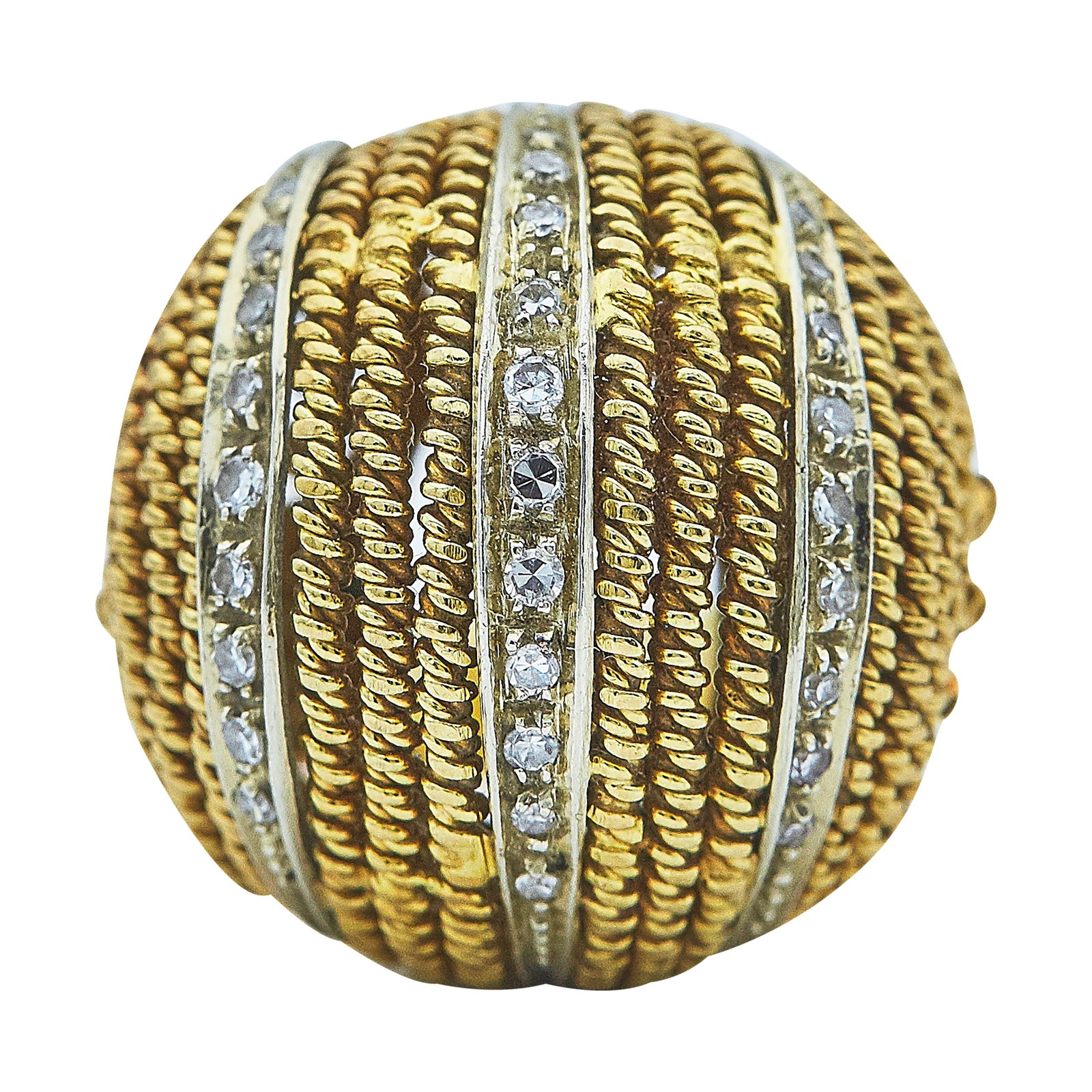 18K Yellow and White Gold Diamond Ropework Ball Ring: METAL: 18K Yellow Gold/White Gold; APPROXIMATE TOTAL DIAMOND WEIGHT: 0.20 ctw; STAMPED: 750, Rubbed Italian workshop mark; CONDITION: Pre-owned, Fair; ITEM WEIGHT (GRAMS): 18.9 g; MEASUREMENTS: Ring s