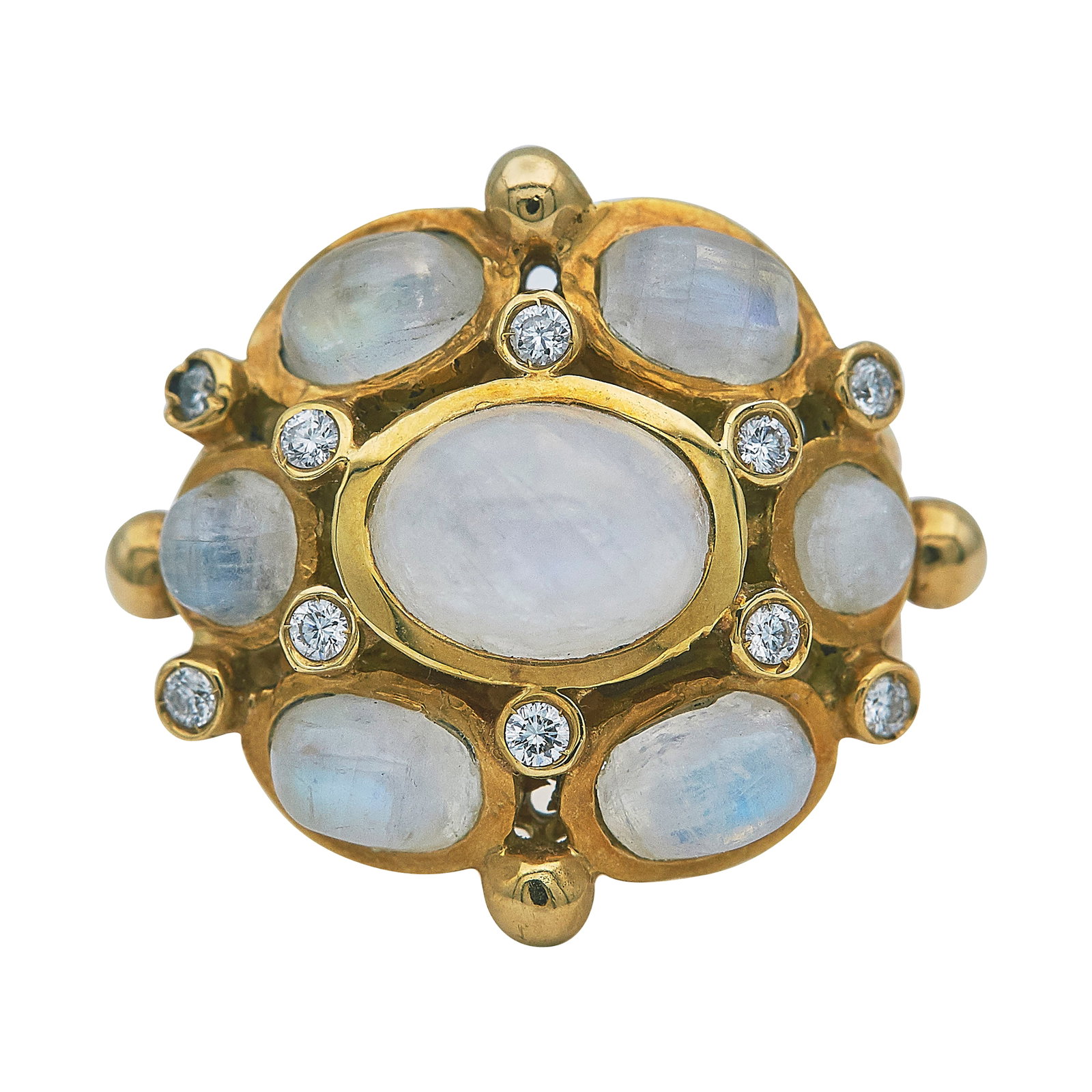18K Yellow Gold Labradorite and Diamond Ring: METAL: 18K Yellow Gold; APPROXIMATE TOTAL DIAMOND WEIGHT: 0.15 ctw; GEMSTONES: Labradorite; STAMPED: 750; CONDITION: Pre-owned, Good; ITEM WEIGHT (GRAMS): 10.5 g; MEASUREMENTS: Ring size 5 1/2; Diamon