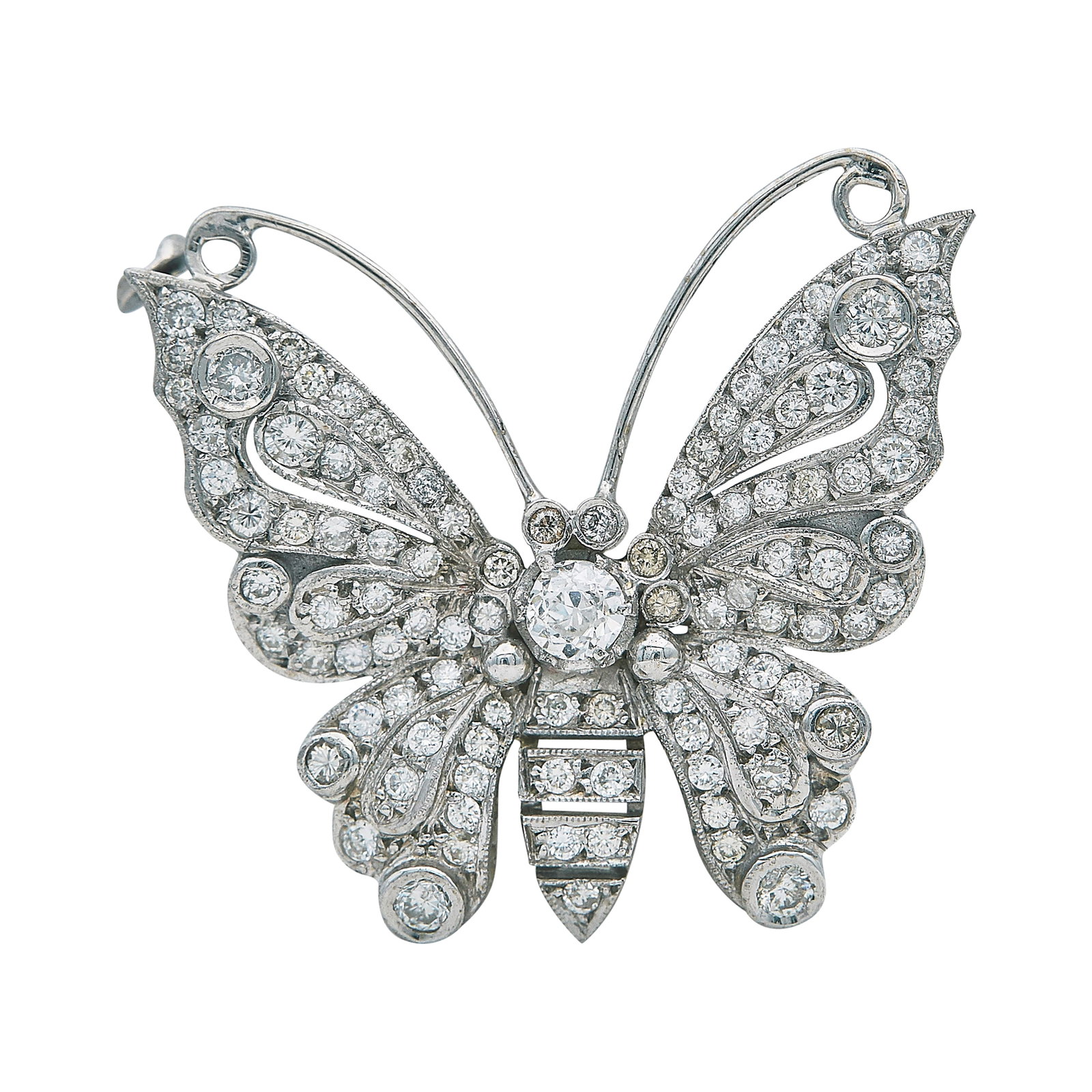 Platinum and Diamond Butterfly Pin Brooch: METAL: Platinum; APPROXIMATE TOTAL DIAMOND WEIGHT: 1.62 ctw; TESTED: Platinum; CONDITION: Pre-owned, Very Good; ITEM WEIGHT (GRAMS): 8.2 g; MEASUREMENTS: Brooch 1 3/8 inch wide x 1 3/4 inch long