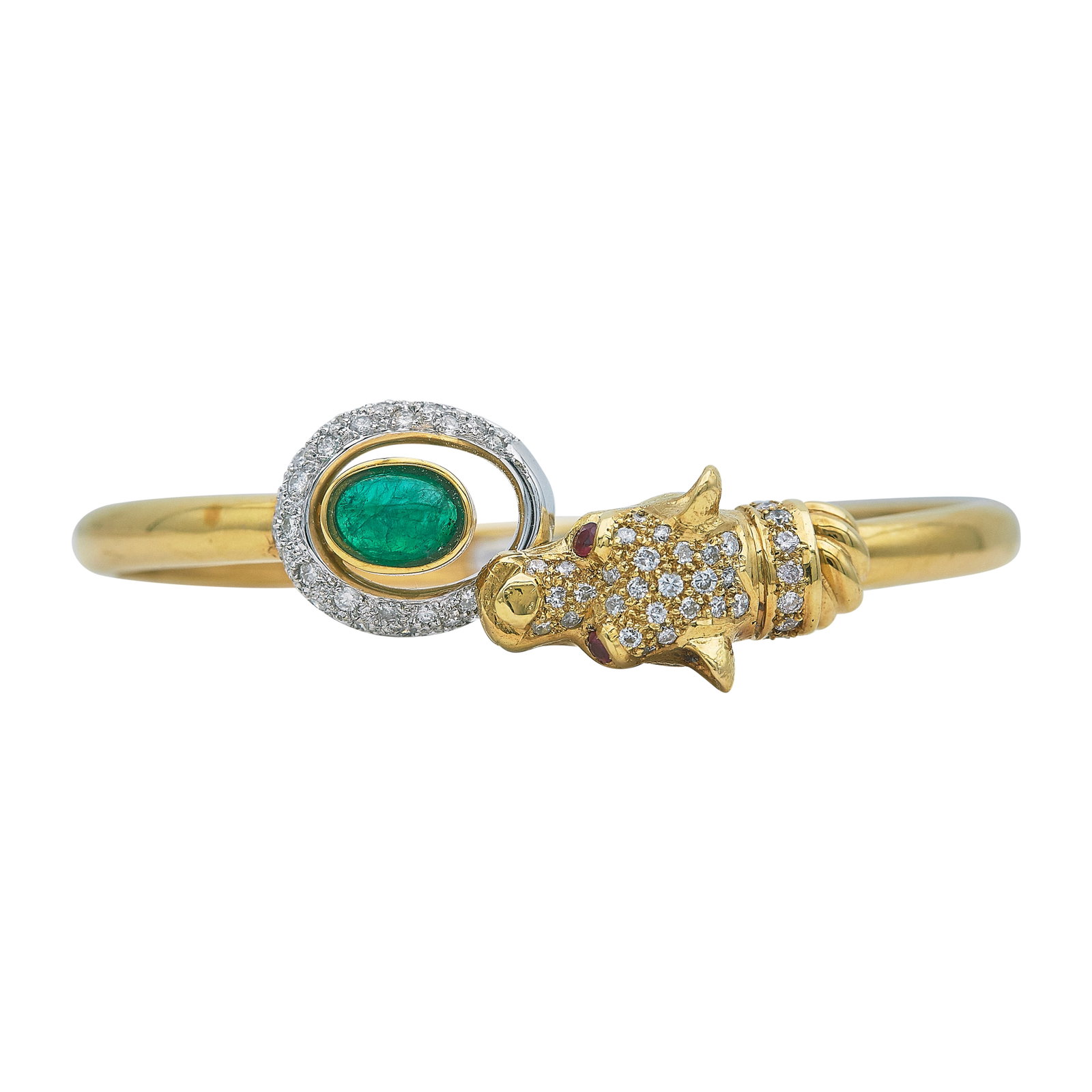 18K Yellow and White Gold Emerald, Diamond, and Ruby Hinged Bear Bangle Bracelet: METAL: 18K Yellow Gold/White Gold; APPROXIMATE TOTAL DIAMOND WEIGHT: 1 ctw; GEMSTONES: Emerald, Ruby; STAMPED: 750; CONDITION: Pre-owned, Good; ITEM WEIGHT (GRAMS): 26.7 g; MEASUREMENTS: Bracelet inte